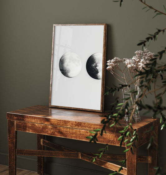Full Moon Art Print - Photorealistic Moon Drawing Poster - Black and White Lunar Wall Art V1 1/3