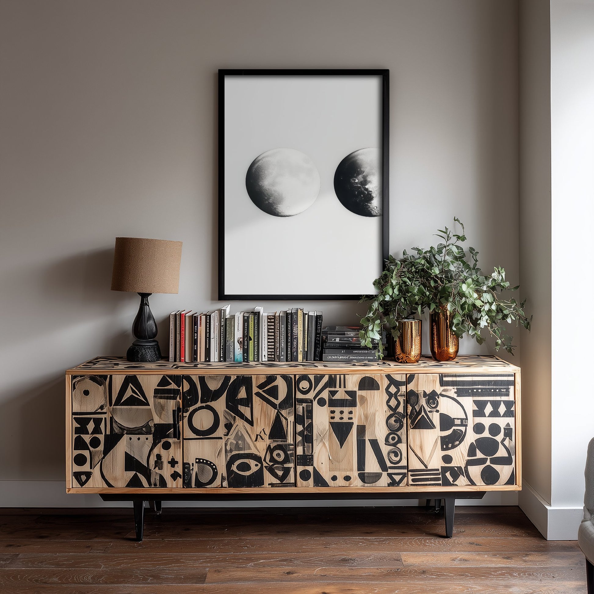 Full Moon Art Print - Photorealistic Moon Drawing Poster - Black and White Lunar Wall Art V1 1/3
