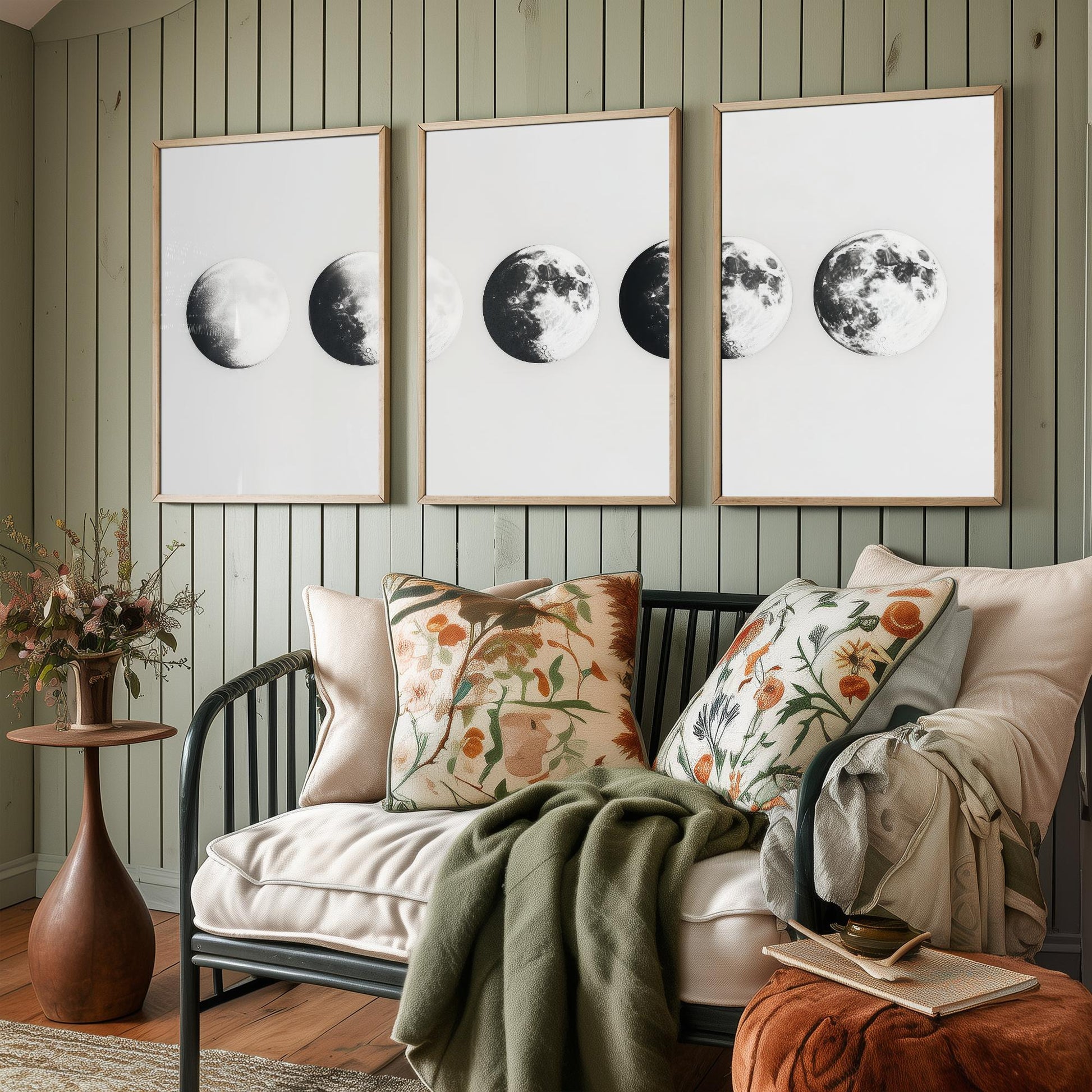 Moon Phases Set of Three Art Prints - 3 Lunar Cycle Posters - Black White Photo Realistic Wall Art Astronomy Gift Celestial V1
