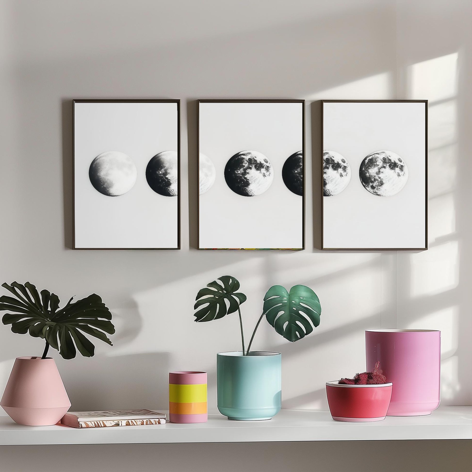 Moon Phases Set of Three Art Prints - 3 Lunar Cycle Posters - Black White Photo Realistic Wall Art Astronomy Gift Celestial V1