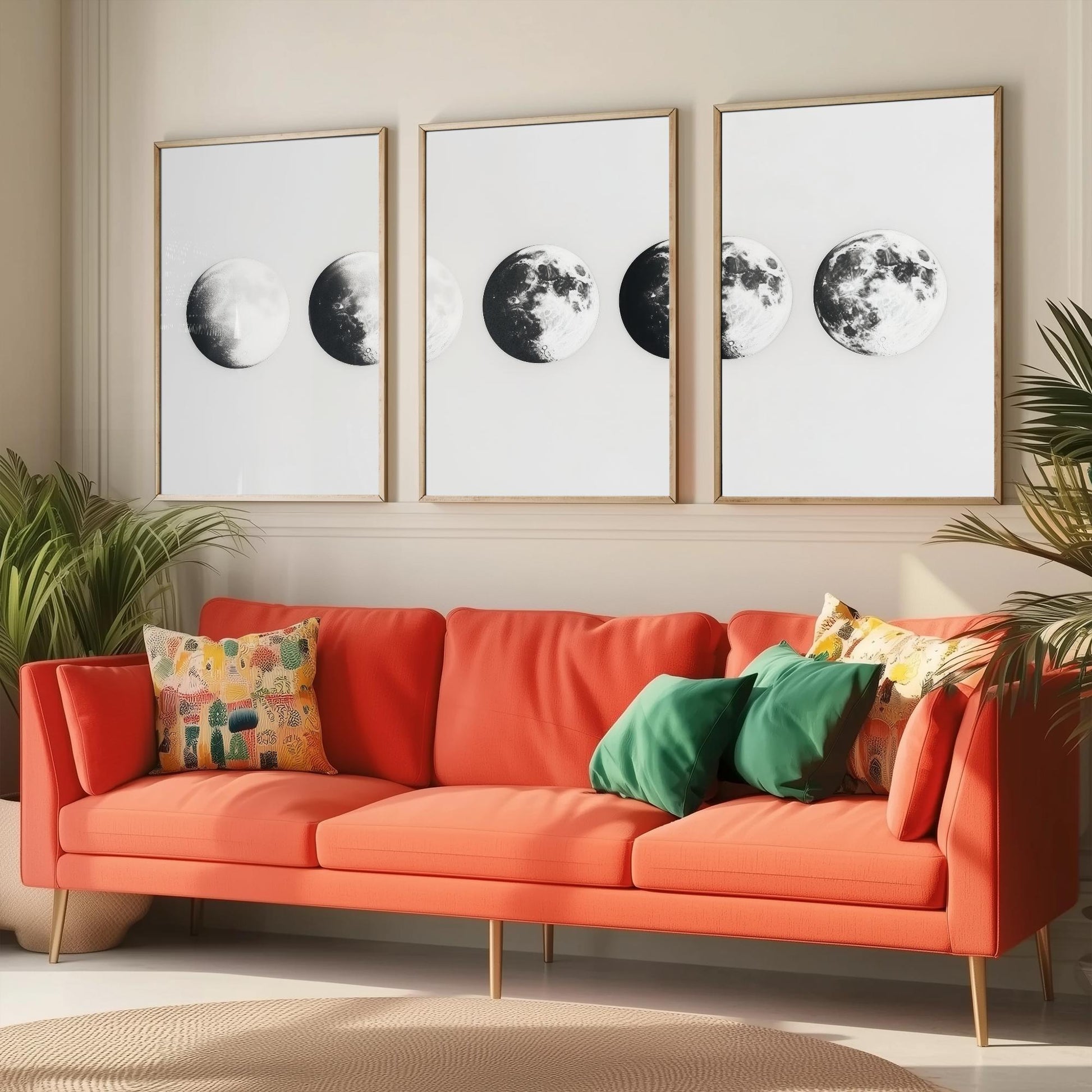 Moon Phases Set of Three Art Prints - 3 Lunar Cycle Posters - Black White Photo Realistic Wall Art Astronomy Gift Celestial V1