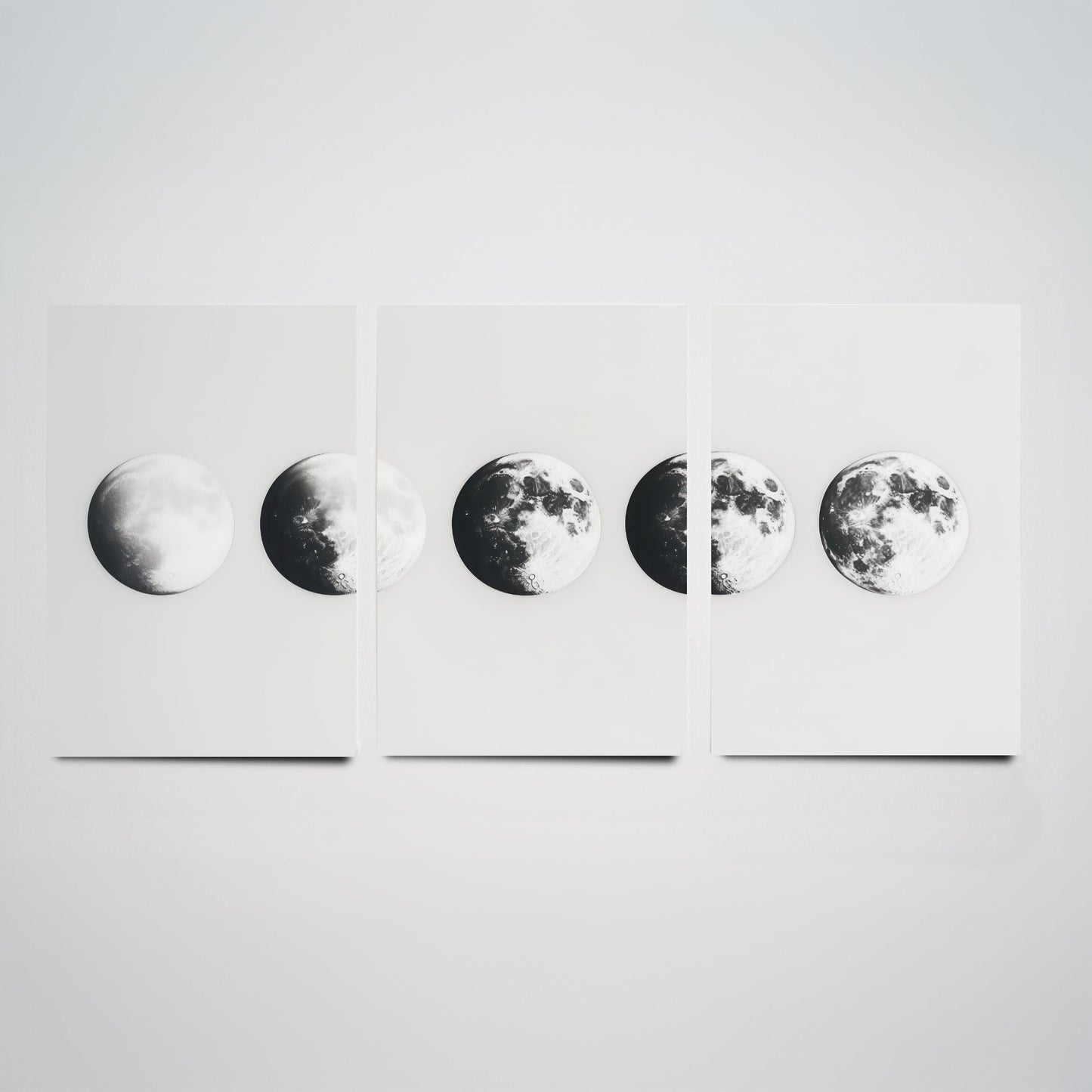 Moon Phases Set of Three Art Prints - 3 Lunar Cycle Posters - Black White Photo Realistic Wall Art Astronomy Gift Celestial V1