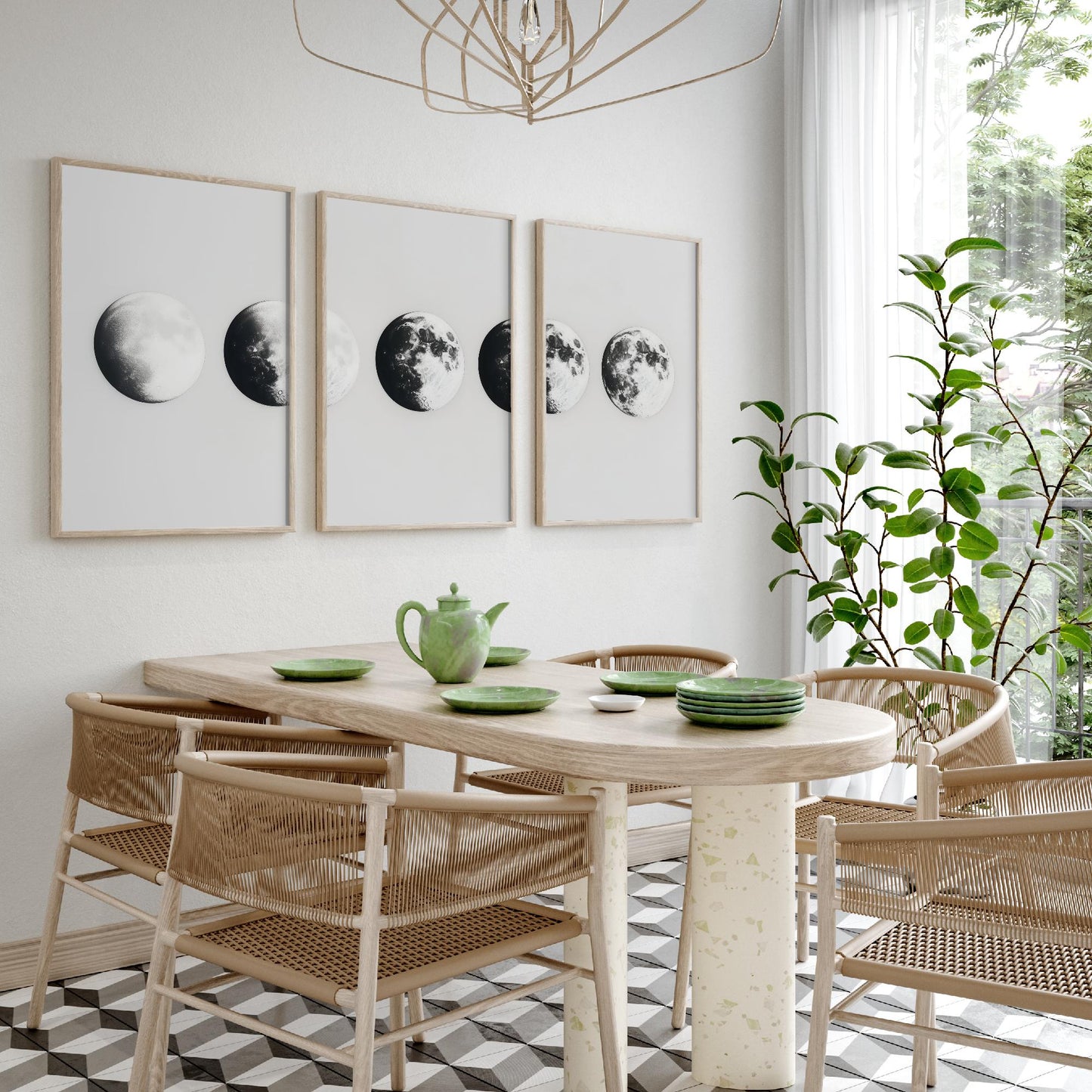 Moon Phases Set of Three Art Prints - 3 Lunar Cycle Posters - Black White Photo Realistic Wall Art Astronomy Gift Celestial V1