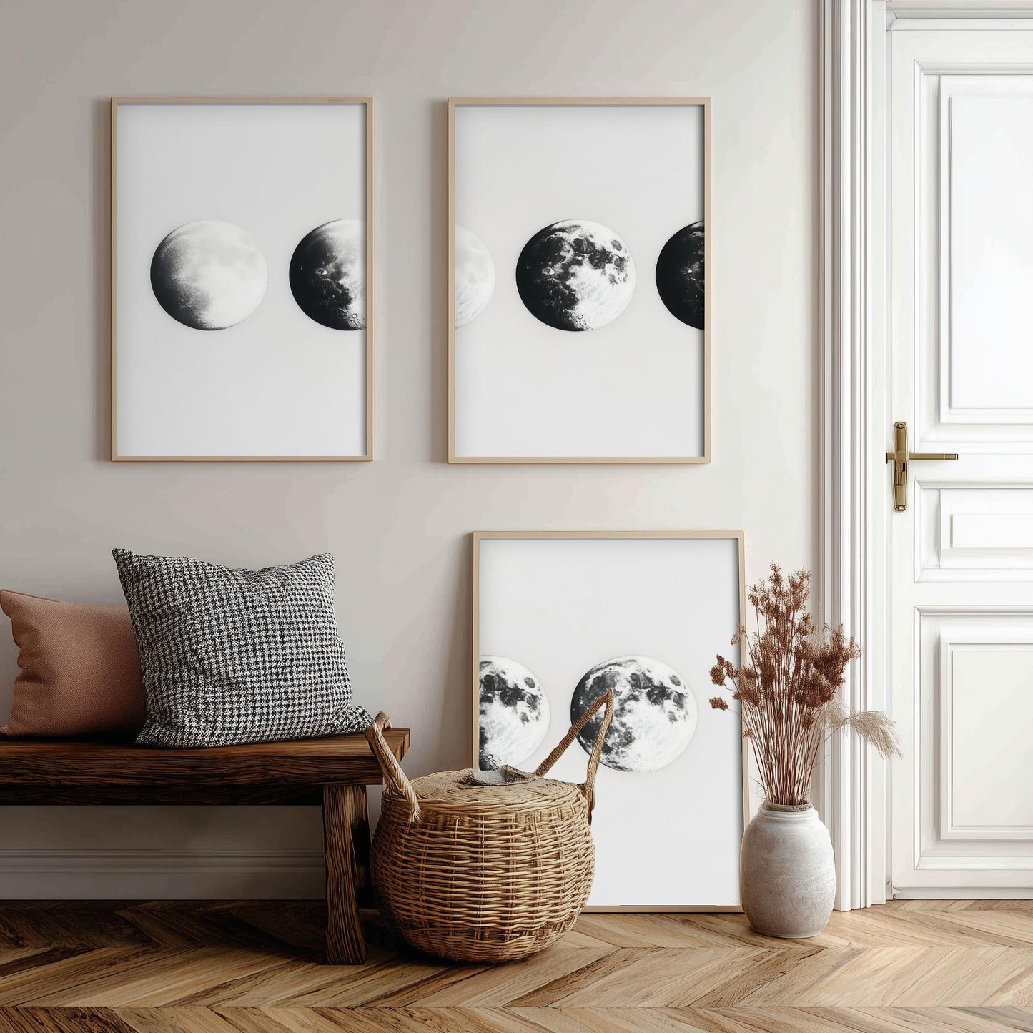 Moon Phases Set of Three Art Prints - 3 Lunar Cycle Posters - Black White Photo Realistic Wall Art Astronomy Gift Celestial V1