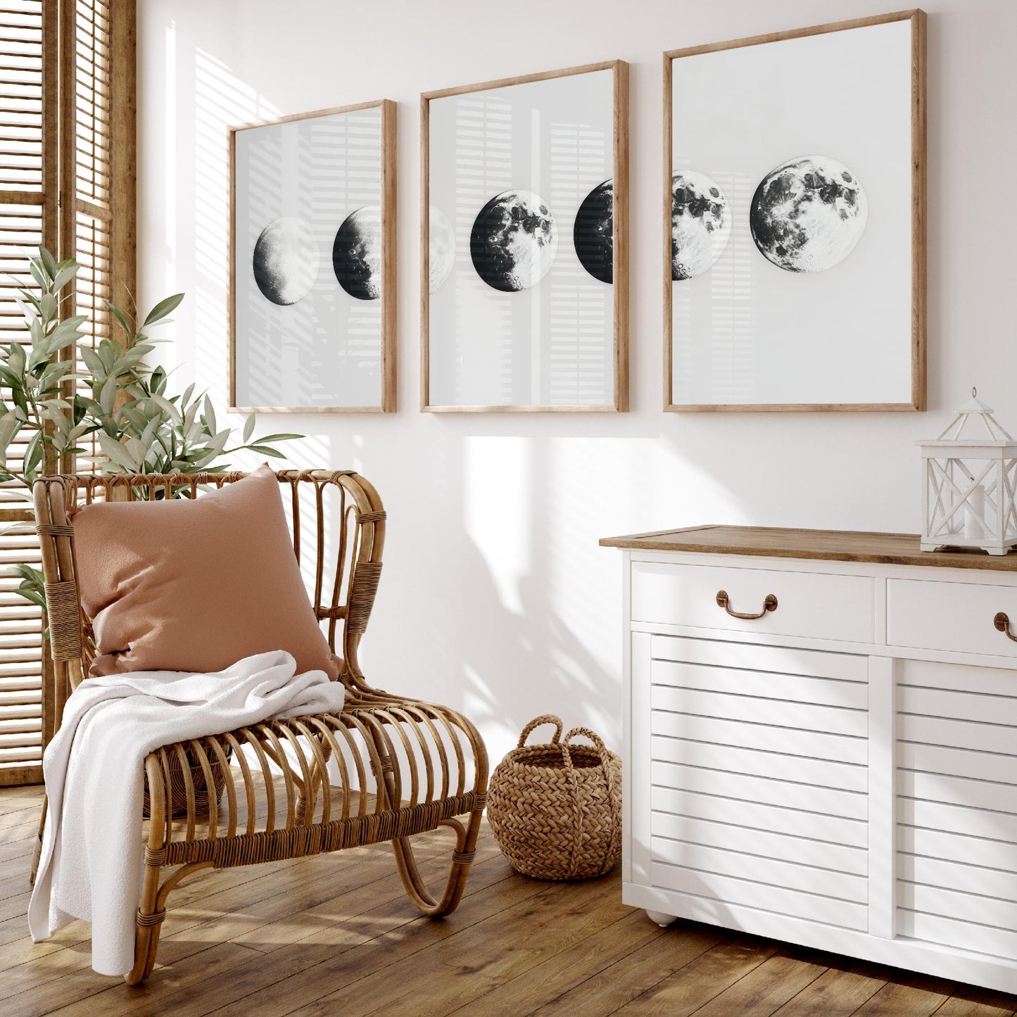 Moon Phases Set of Three Art Prints - 3 Lunar Cycle Posters - Black White Photo Realistic Wall Art Astronomy Gift Celestial V1