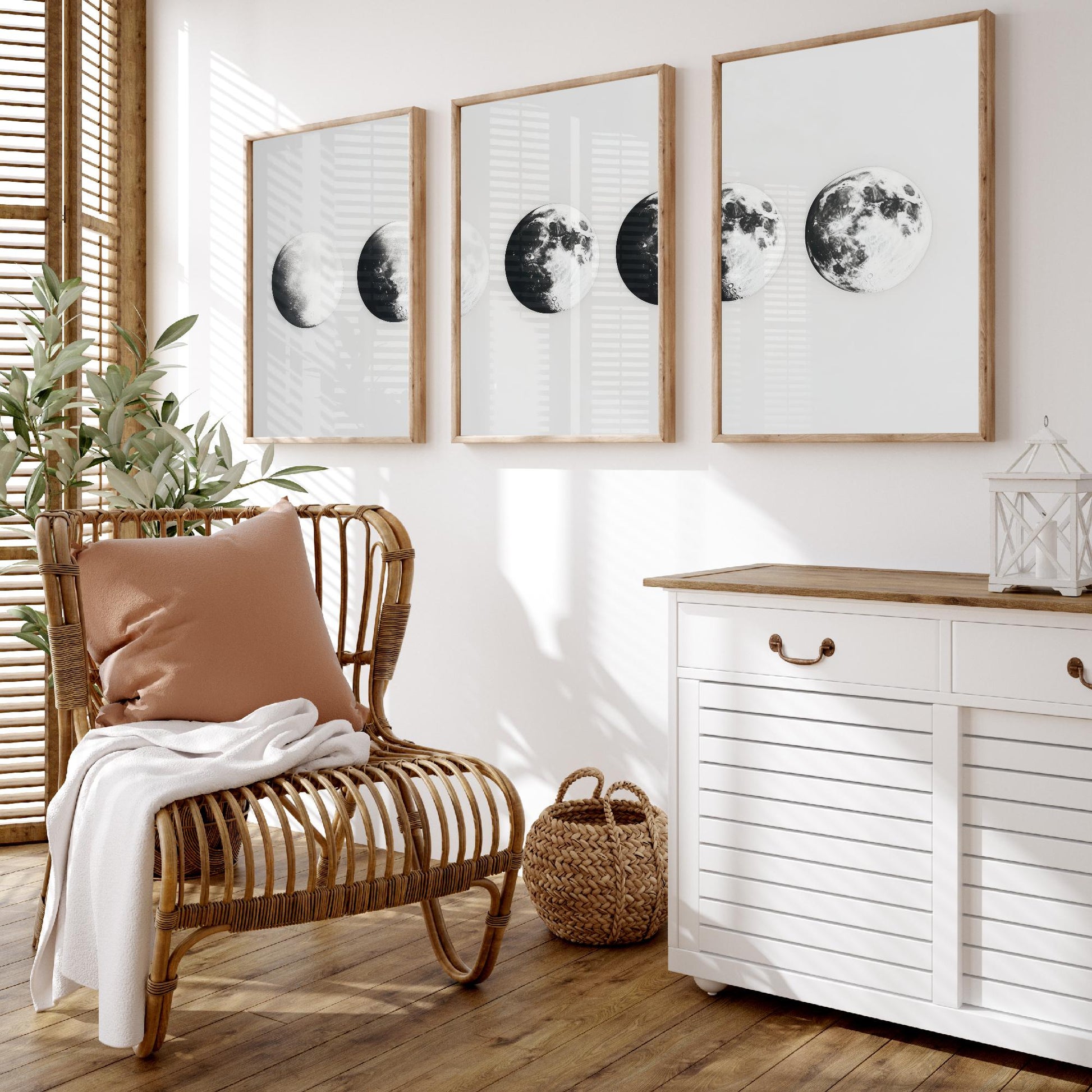 Moon Phases Set of Three Art Prints - 3 Lunar Cycle Posters - Black White Photo Realistic Wall Art Astronomy Gift Celestial V1