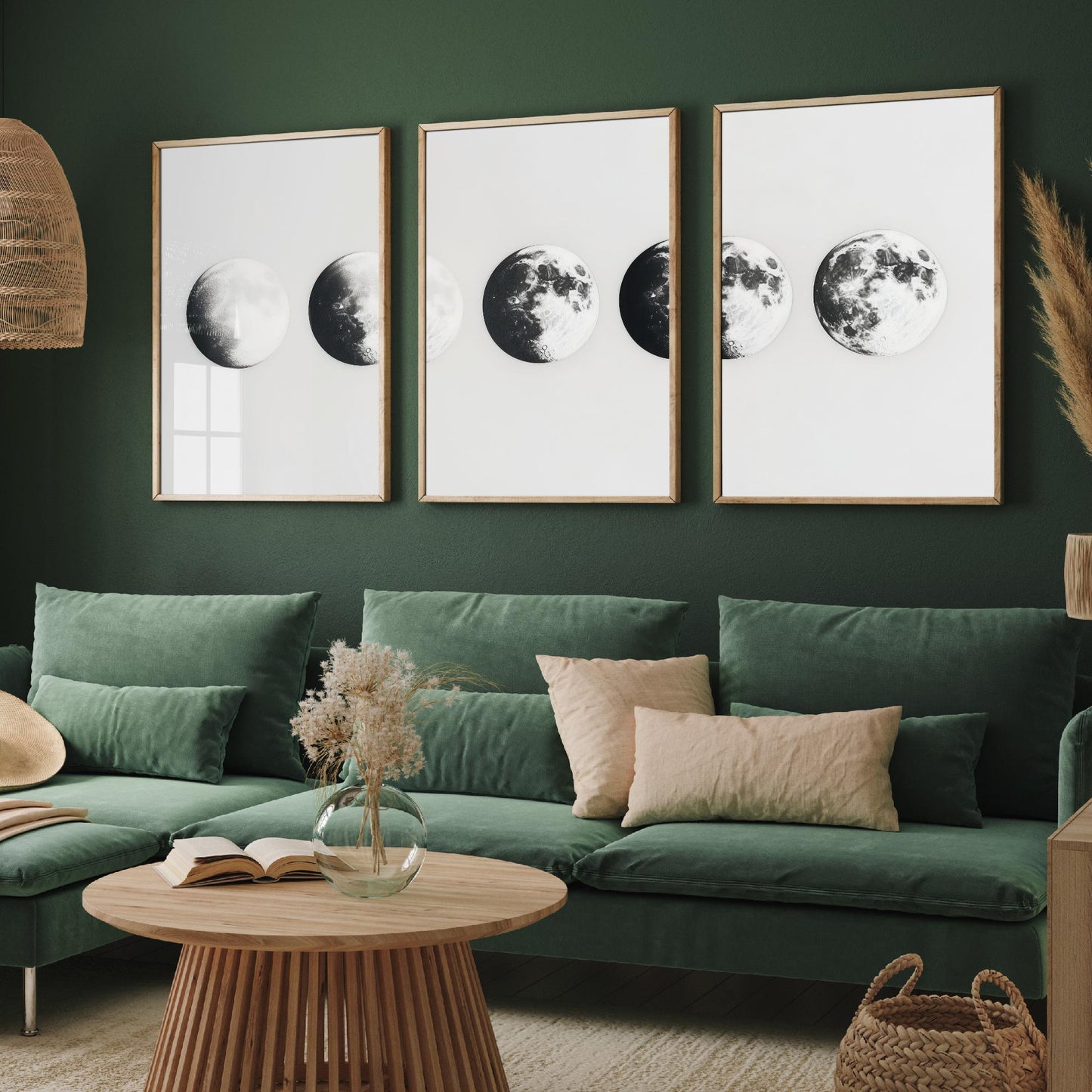 Moon Phases Set of Three Art Prints - 3 Lunar Cycle Posters - Black White Photo Realistic Wall Art Astronomy Gift Celestial V1