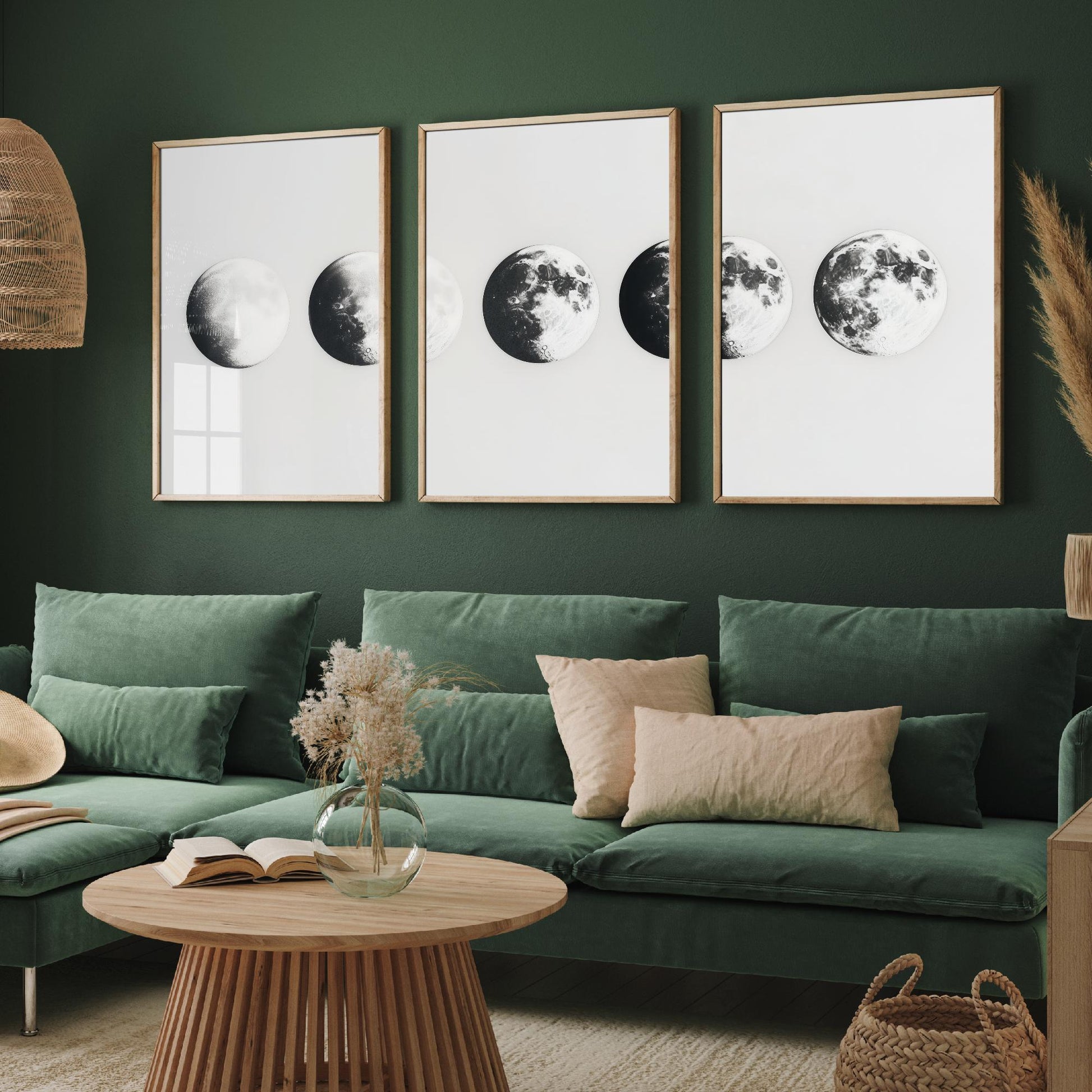 Moon Phases Set of Three Art Prints - 3 Lunar Cycle Posters - Black White Photo Realistic Wall Art Astronomy Gift Celestial V1