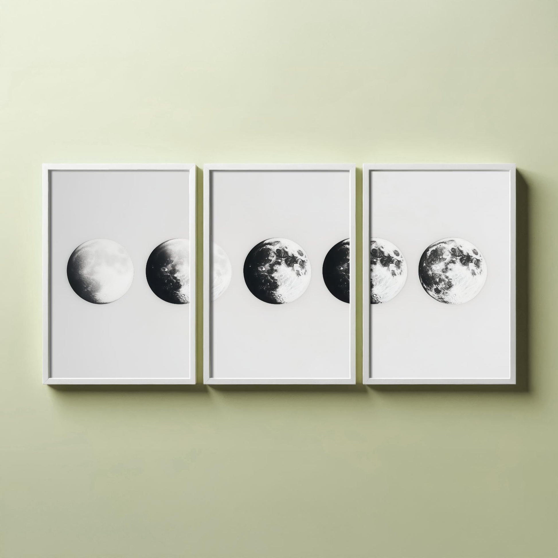 Moon Phases Set of Three Art Prints - 3 Lunar Cycle Posters - Black White Photo Realistic Wall Art Astronomy Gift Celestial V1