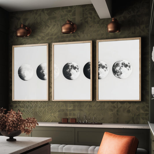 Moon Phases Set of Three Art Prints - 3 Lunar Cycle Posters - Black White Photo Realistic Wall Art Astronomy Gift Celestial V1
