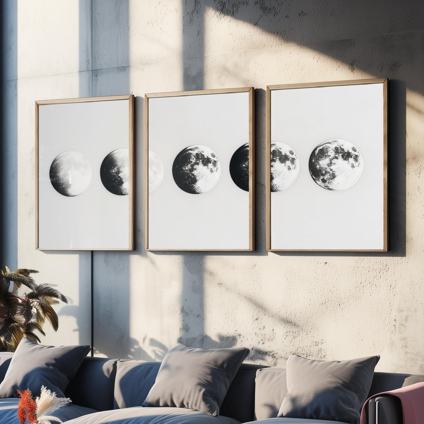 Moon Phases Set of Three Art Prints - 3 Lunar Cycle Posters - Black White Photo Realistic Wall Art Astronomy Gift Celestial V1