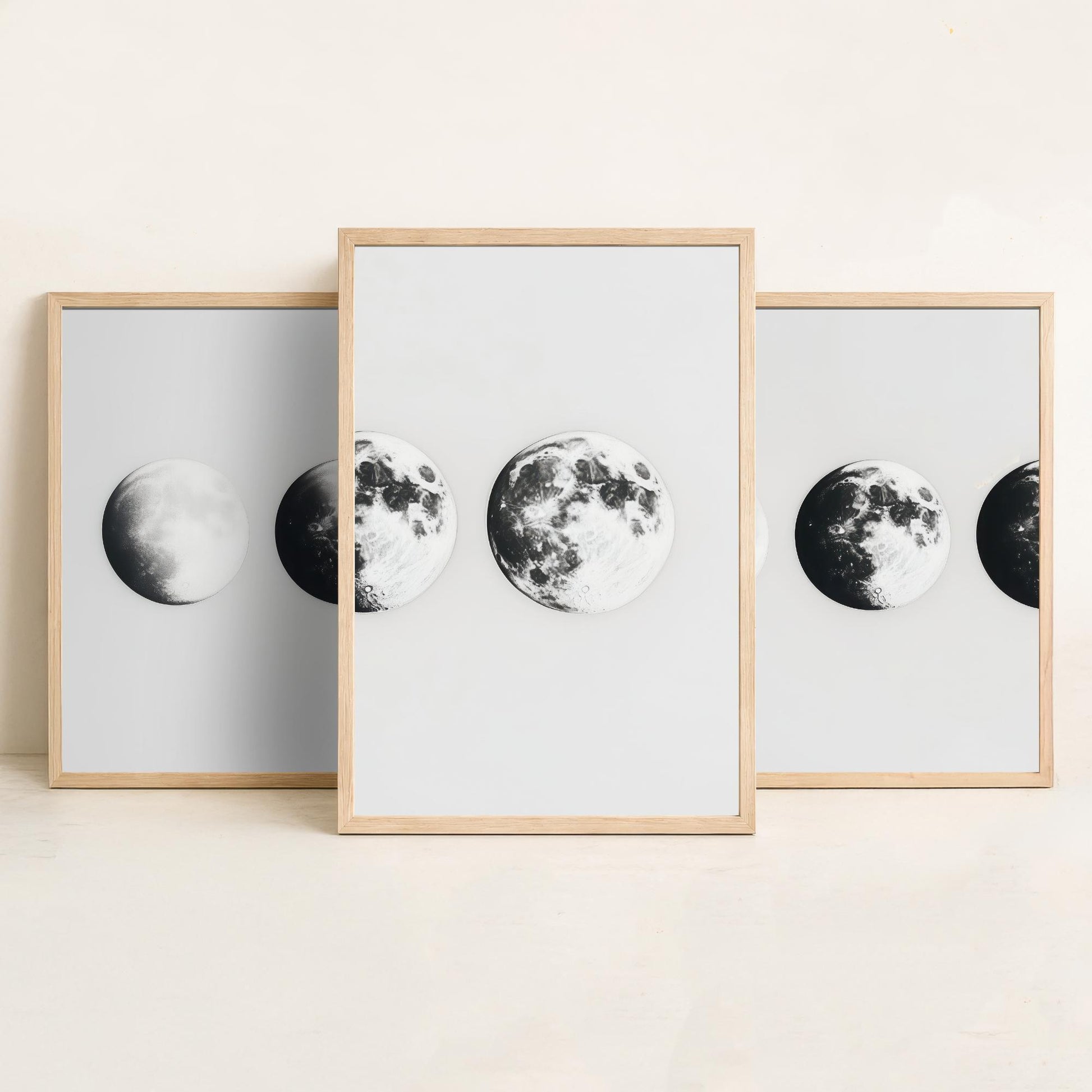Moon Phases Set of Three Art Prints - 3 Lunar Cycle Posters - Black White Photo Realistic Wall Art Astronomy Gift Celestial V1