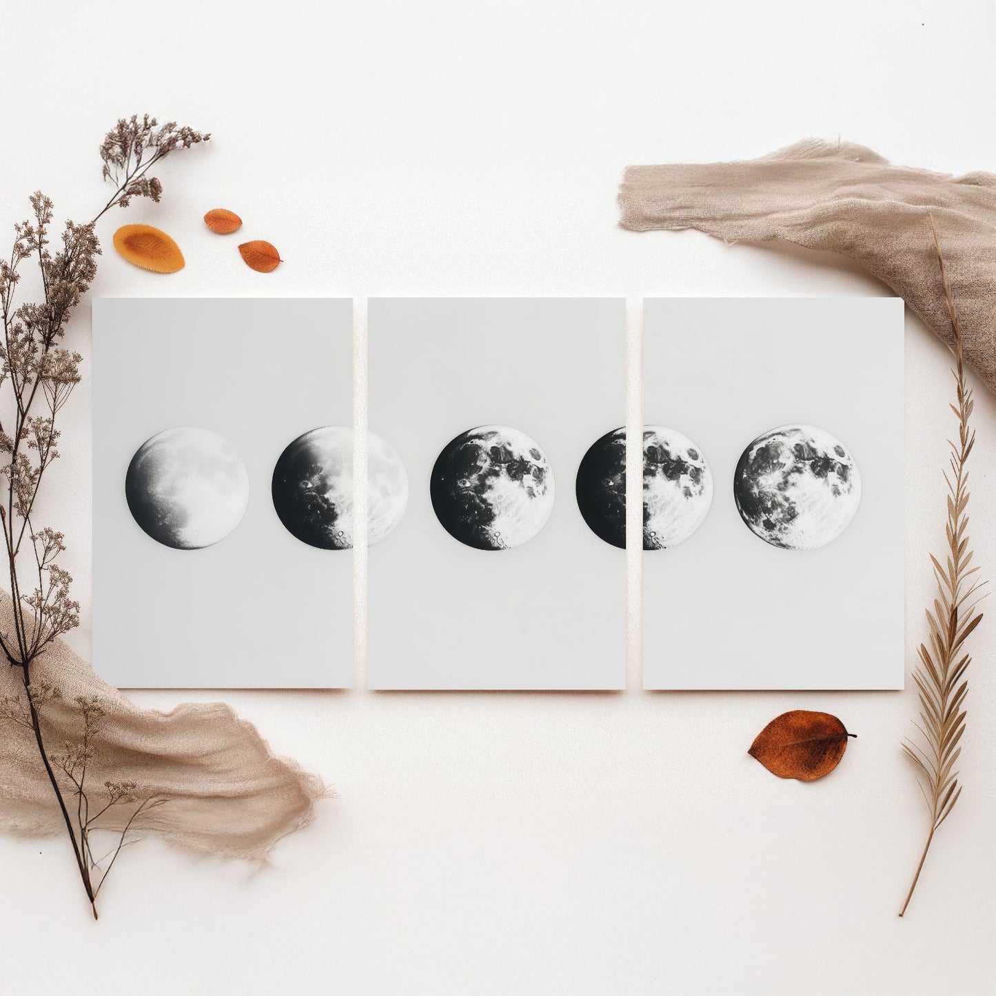 Moon Phases Set of Three Art Prints - 3 Lunar Cycle Posters - Black White Photo Realistic Wall Art Astronomy Gift Celestial V1