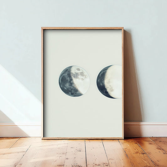 Half Moon Art Print - Photorealistic Moon Drawing Poster - Blue Grey Lunar Wall Art V2 1/3