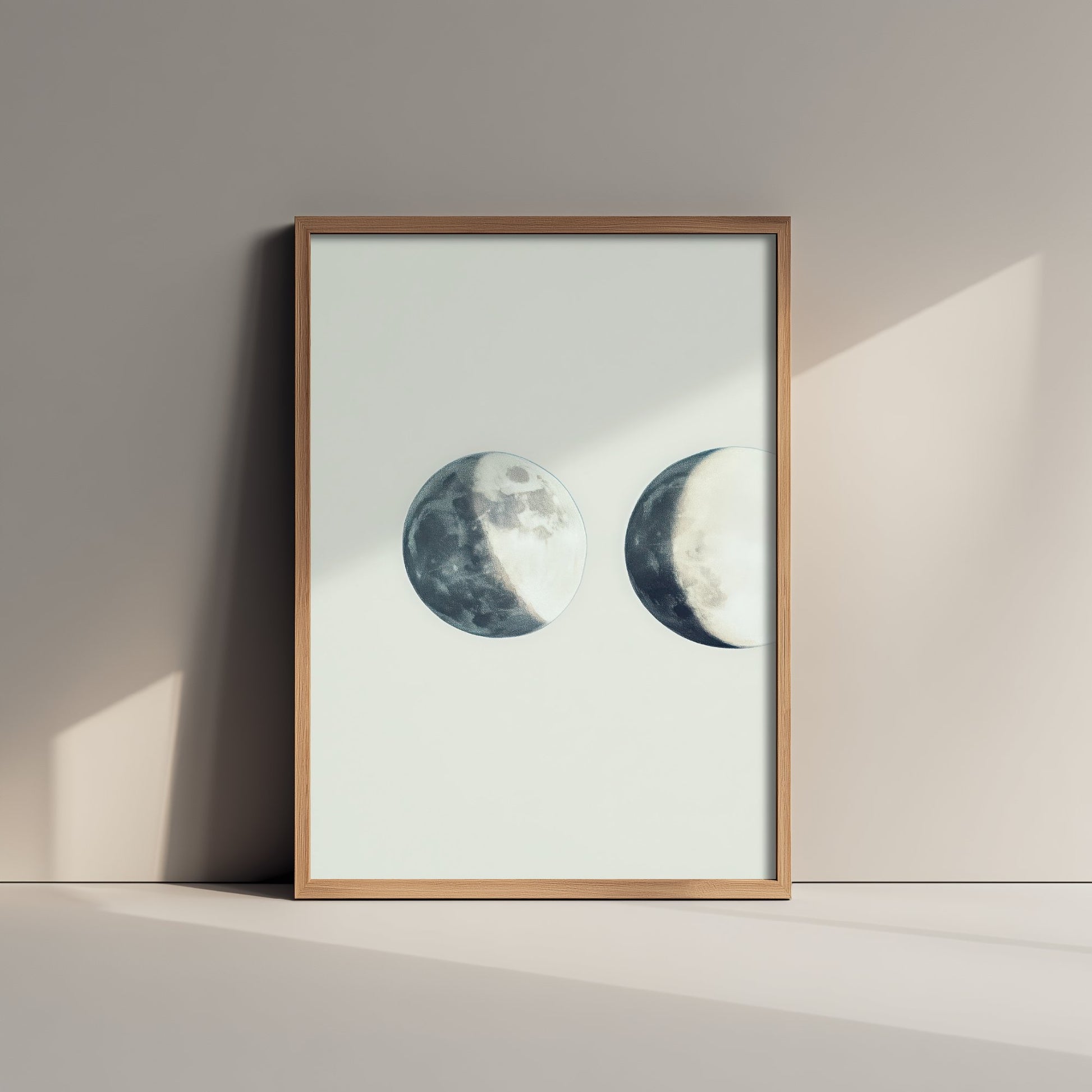 Half Moon Art Print - Photorealistic Moon Drawing Poster - Blue Grey Lunar Wall Art V2 1/3
