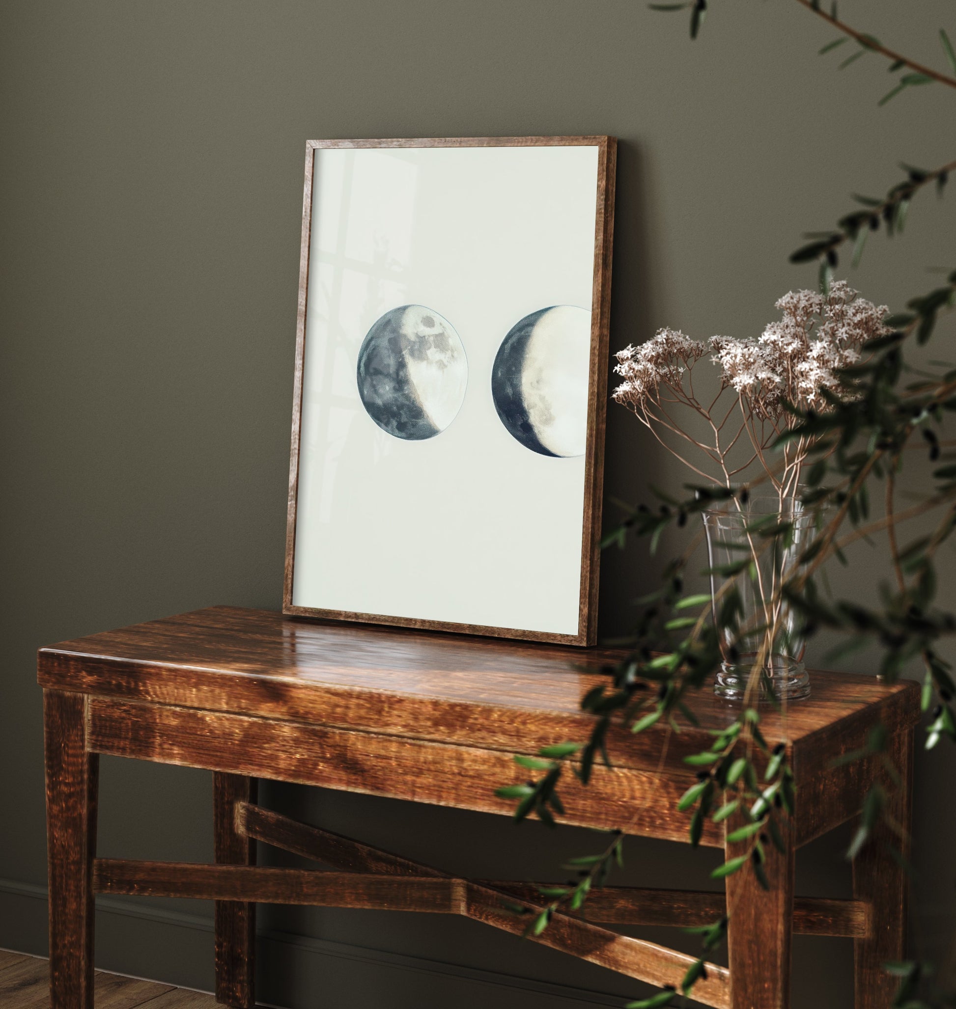 Half Moon Art Print - Photorealistic Moon Drawing Poster - Blue Grey Lunar Wall Art V2 1/3