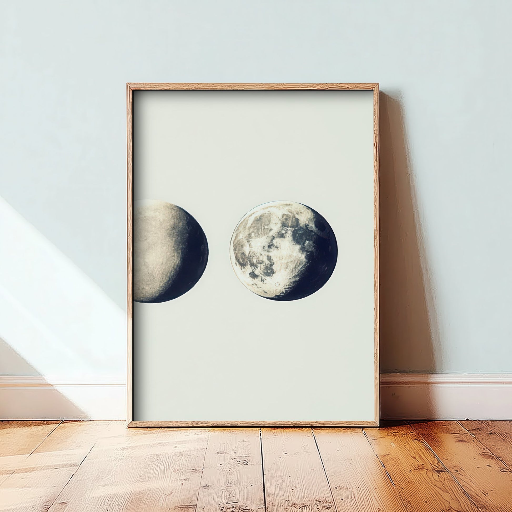 Waxing Moon Art Print - Photorealistic Moon Drawing Poster - Blue Grey Lunar Wall Art V2 3/3