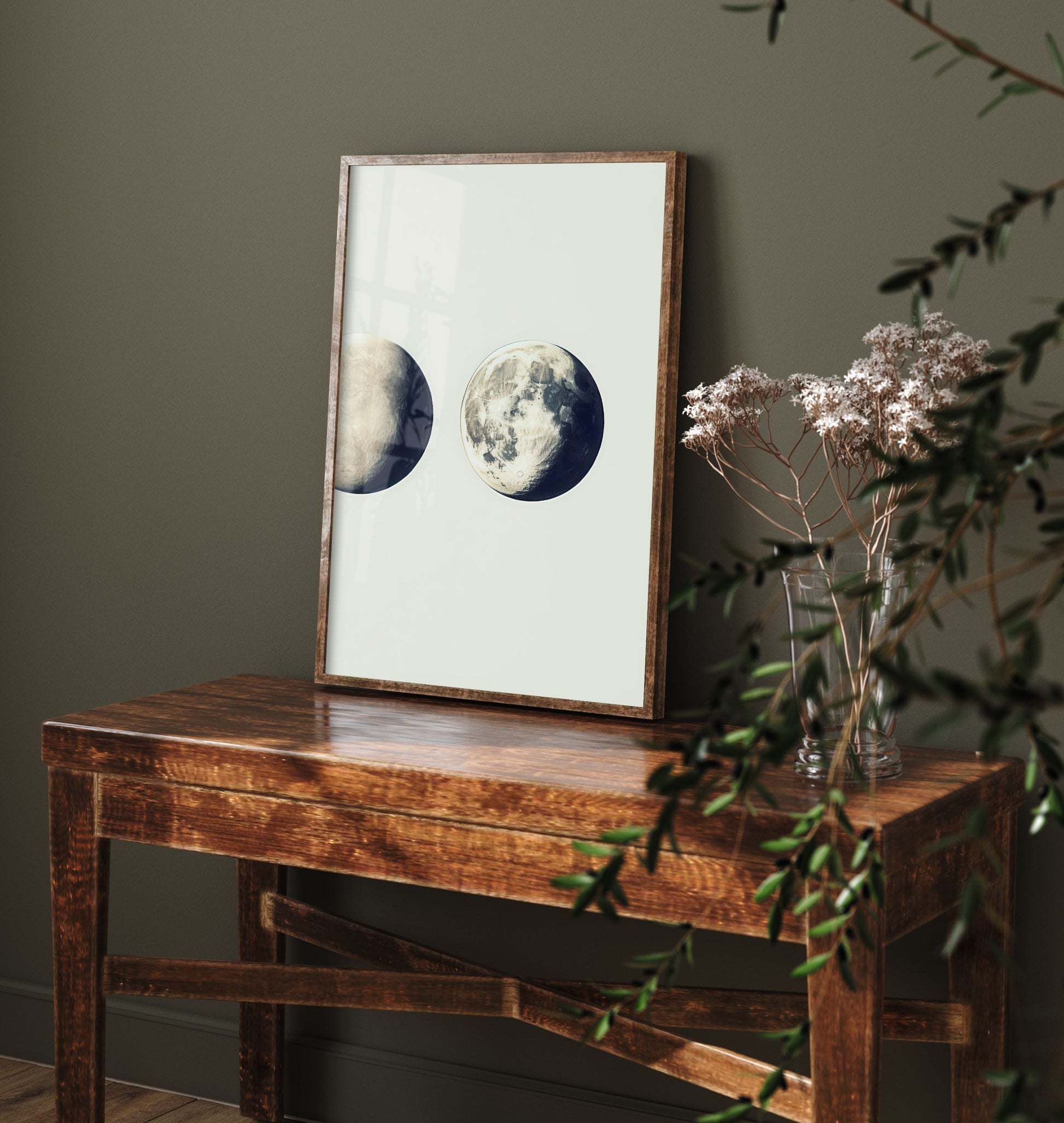 Waxing Moon Art Print - Photorealistic Moon Drawing Poster - Blue Grey Lunar Wall Art V2 3/3