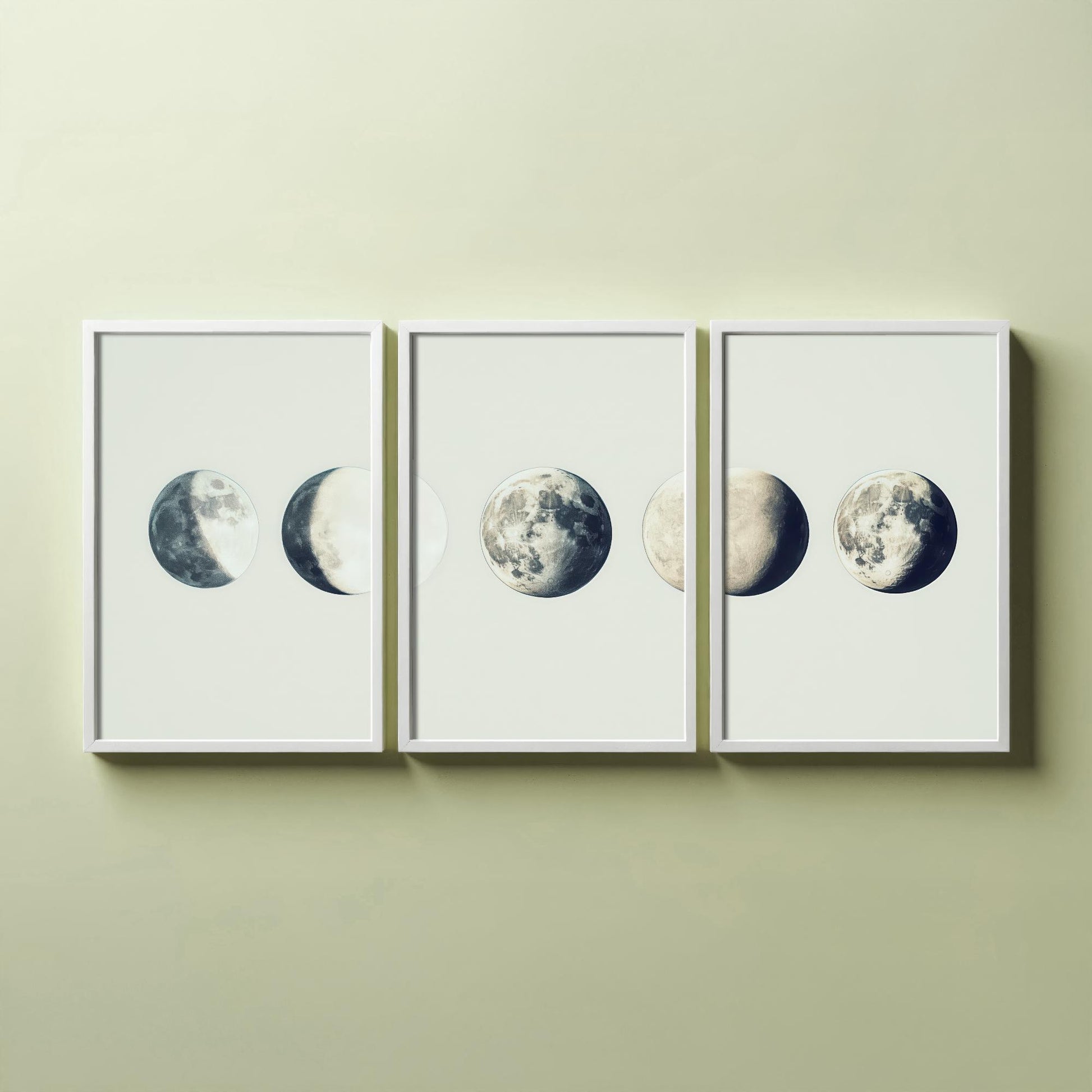 Lunar Phases Set of Three Art Prints - 3 Moon Cycle Posters - Vintage Cream Sepia Photo Wall Art Astronomy Gift Celestial V2