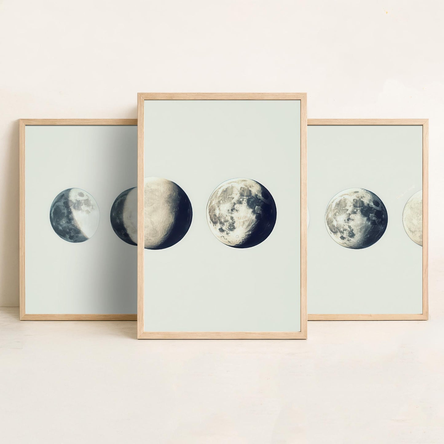 Lunar Phases Set of Three Art Prints - 3 Moon Cycle Posters - Vintage Cream Sepia Photo Wall Art Astronomy Gift Celestial V2