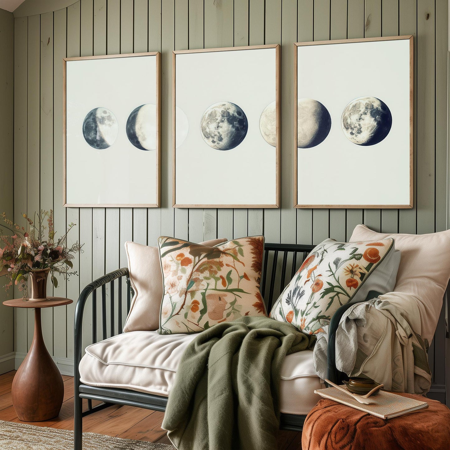 Lunar Phases Set of Three Art Prints - 3 Moon Cycle Posters - Vintage Cream Sepia Photo Wall Art Astronomy Gift Celestial V2
