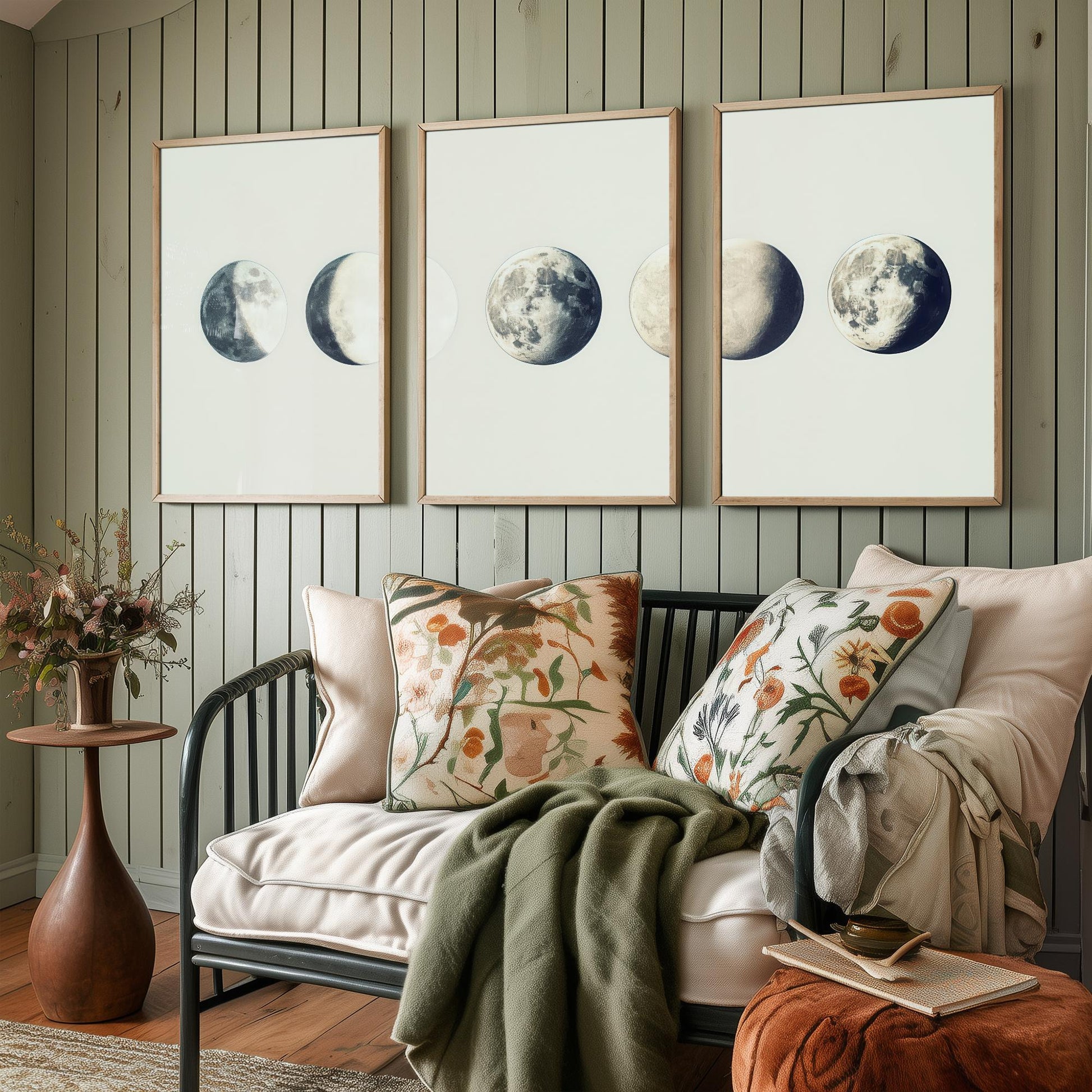 Lunar Phases Set of Three Art Prints - 3 Moon Cycle Posters - Vintage Cream Sepia Photo Wall Art Astronomy Gift Celestial V2