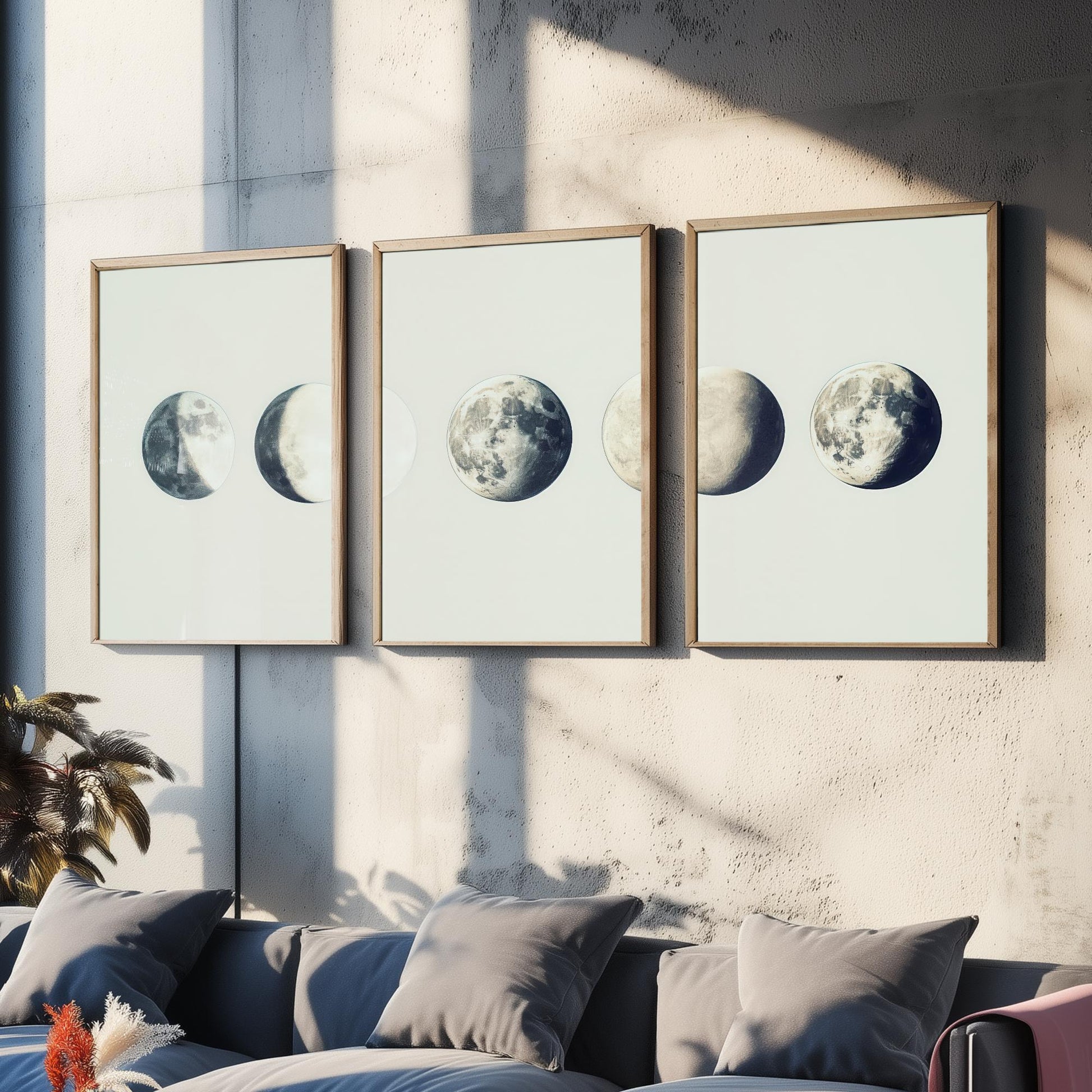 Lunar Phases Set of Three Art Prints - 3 Moon Cycle Posters - Vintage Cream Sepia Photo Wall Art Astronomy Gift Celestial V2