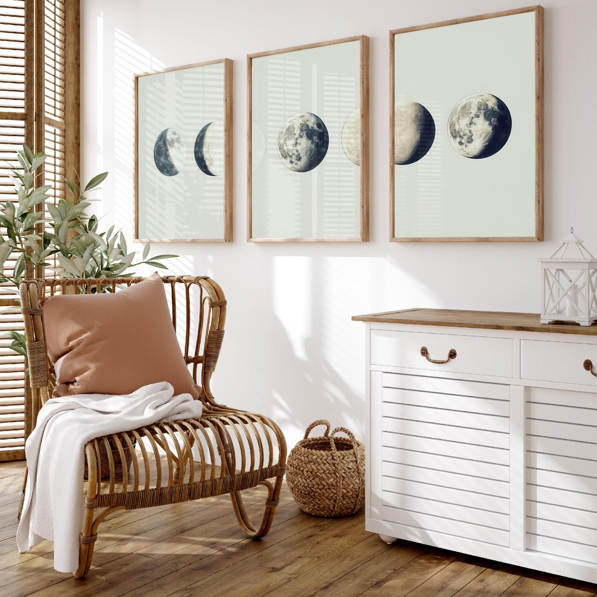 Lunar Phases Set of Three Art Prints - 3 Moon Cycle Posters - Vintage Cream Sepia Photo Wall Art Astronomy Gift Celestial V2