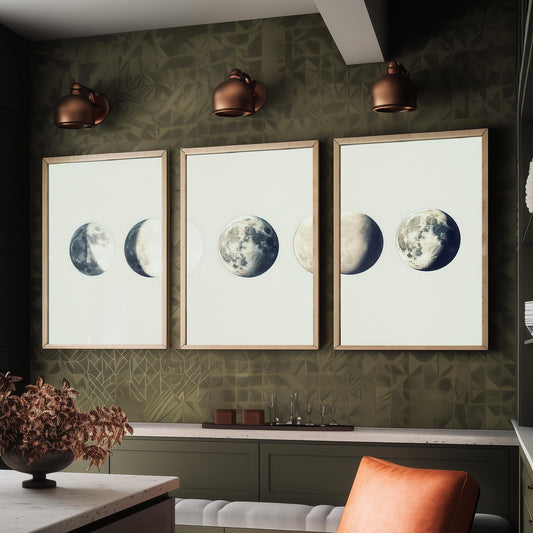 Lunar Phases Set of Three Art Prints - 3 Moon Cycle Posters - Vintage Cream Sepia Photo Wall Art Astronomy Gift Celestial V2