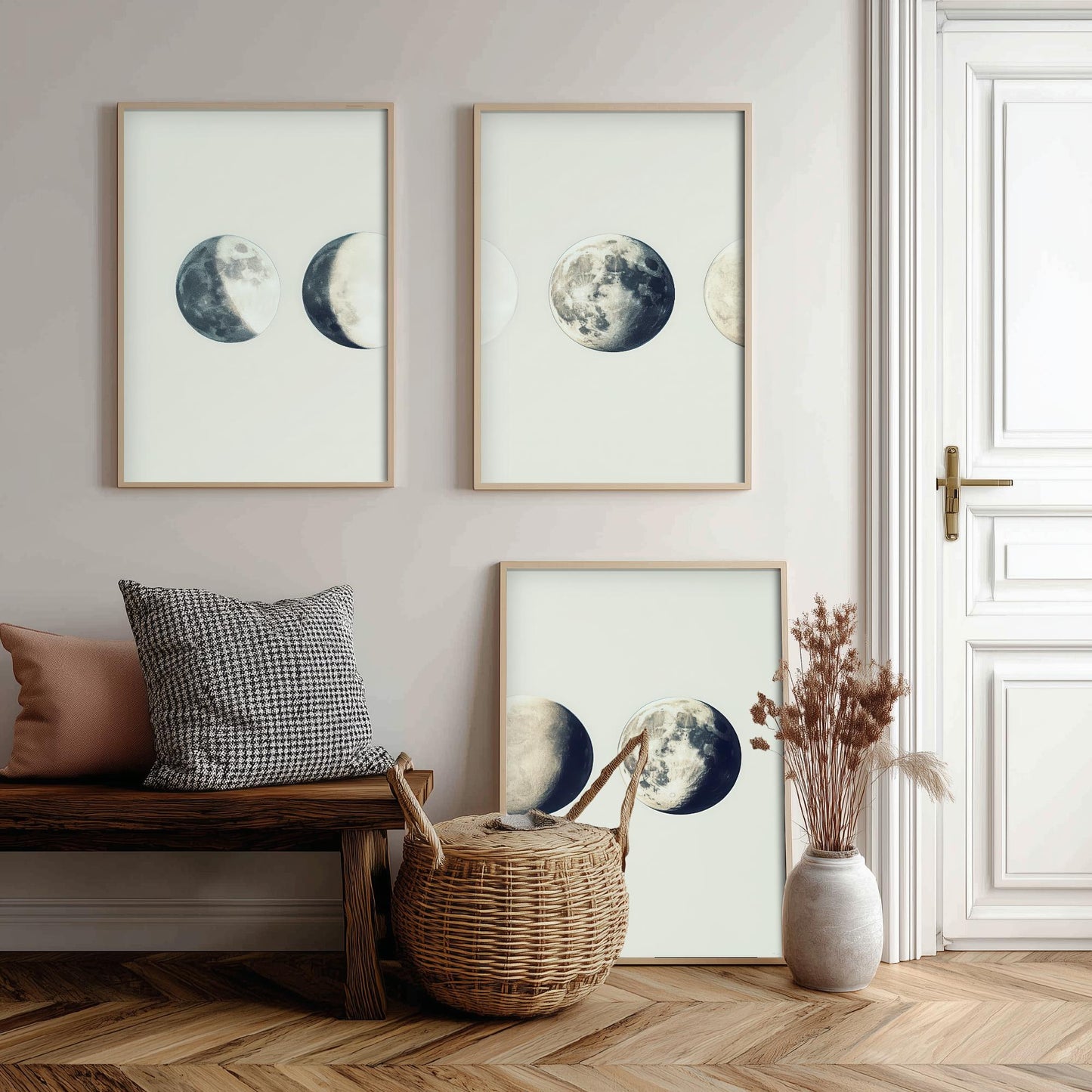 Lunar Phases Set of Three Art Prints - 3 Moon Cycle Posters - Vintage Cream Sepia Photo Wall Art Astronomy Gift Celestial V2