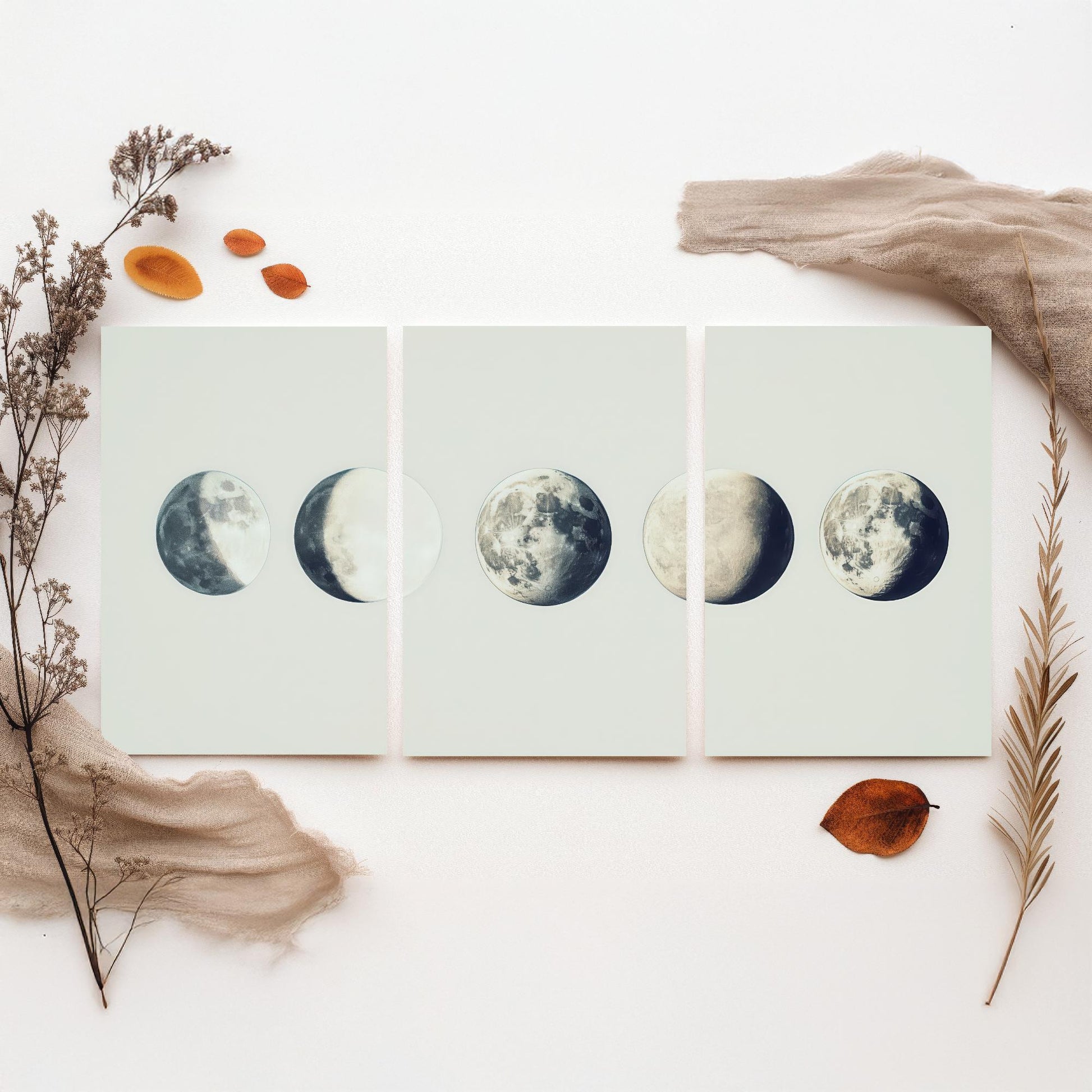 Lunar Phases Set of Three Art Prints - 3 Moon Cycle Posters - Vintage Cream Sepia Photo Wall Art Astronomy Gift Celestial V2