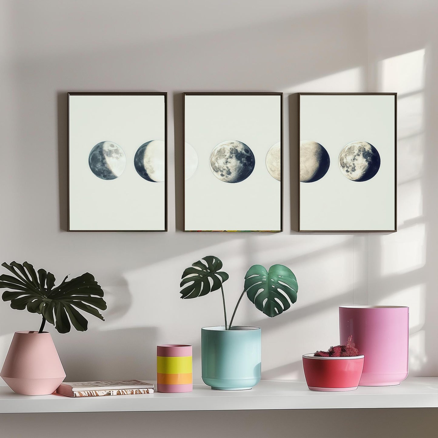 Lunar Phases Set of Three Art Prints - 3 Moon Cycle Posters - Vintage Cream Sepia Photo Wall Art Astronomy Gift Celestial V2