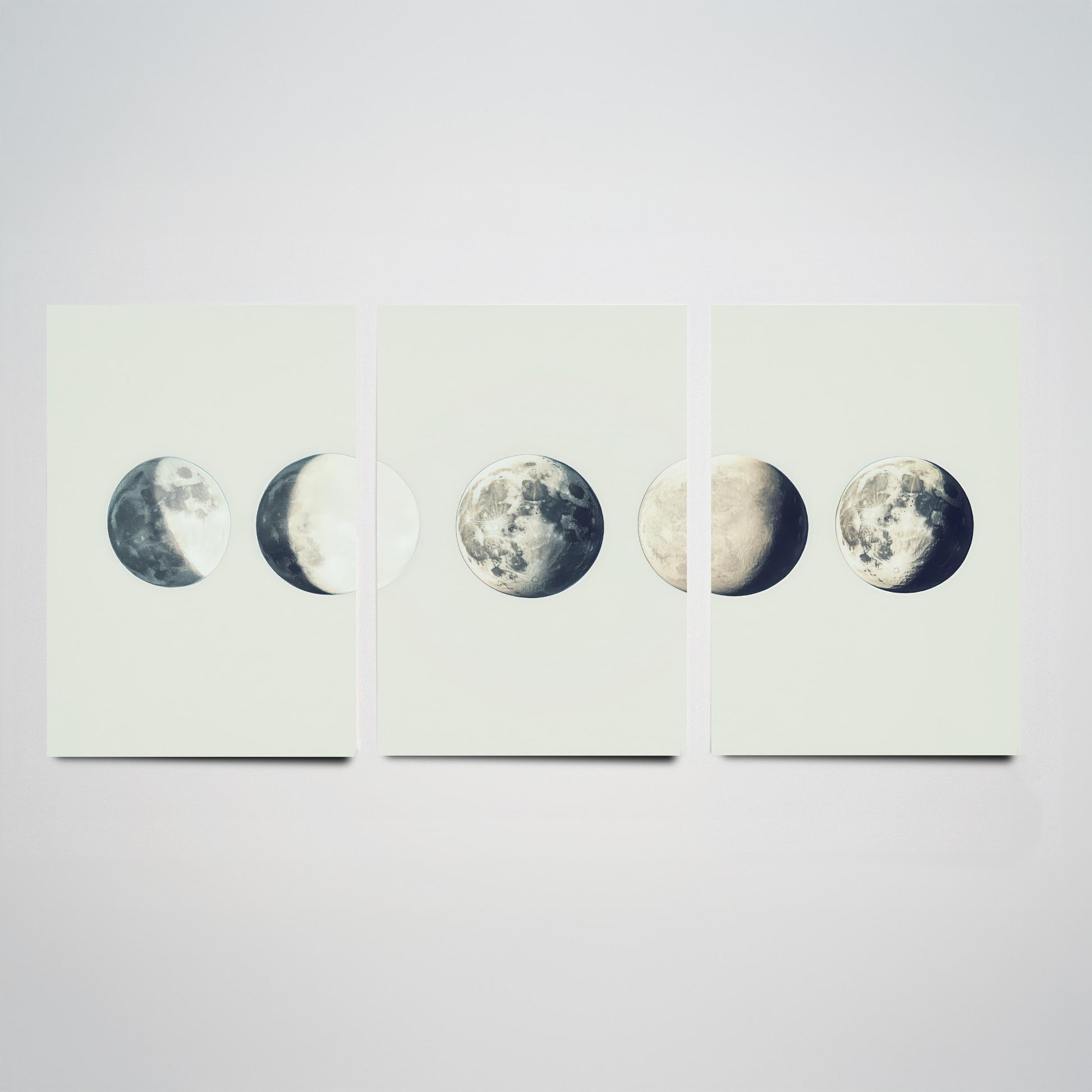 Lunar Phases Set of Three Art Prints - 3 Moon Cycle Posters - Vintage Cream Sepia Photo Wall Art Astronomy Gift Celestial V2