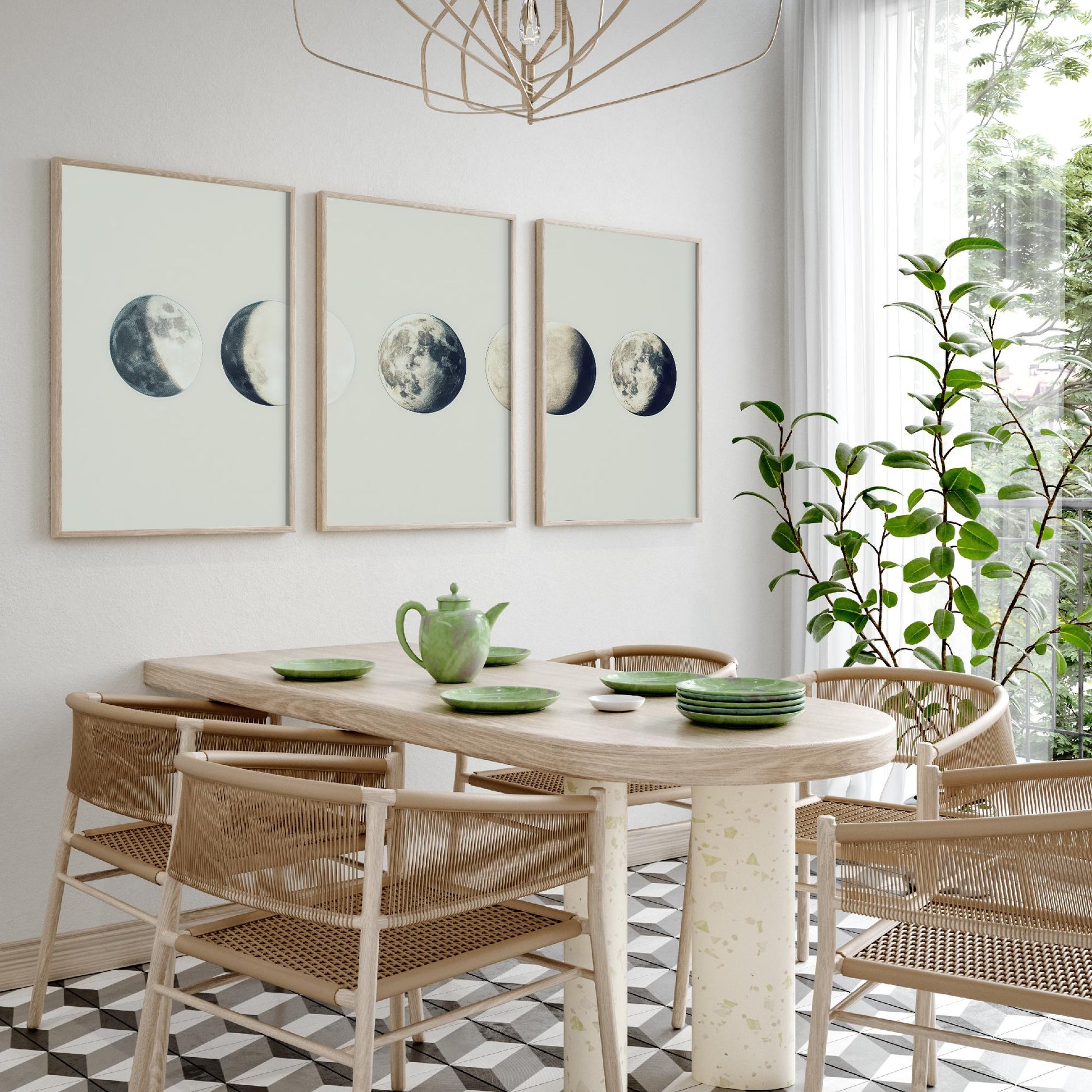 Lunar Phases Set of Three Art Prints - 3 Moon Cycle Posters - Vintage Cream Sepia Photo Wall Art Astronomy Gift Celestial V2