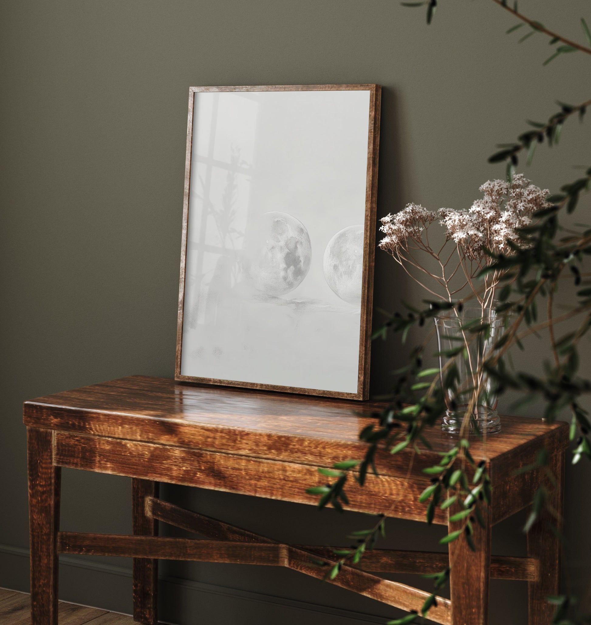 Misty Moon Art Print - Ethereal Moon Drawing Poster - Soft Grey Lunar Wall Art V3 1/3