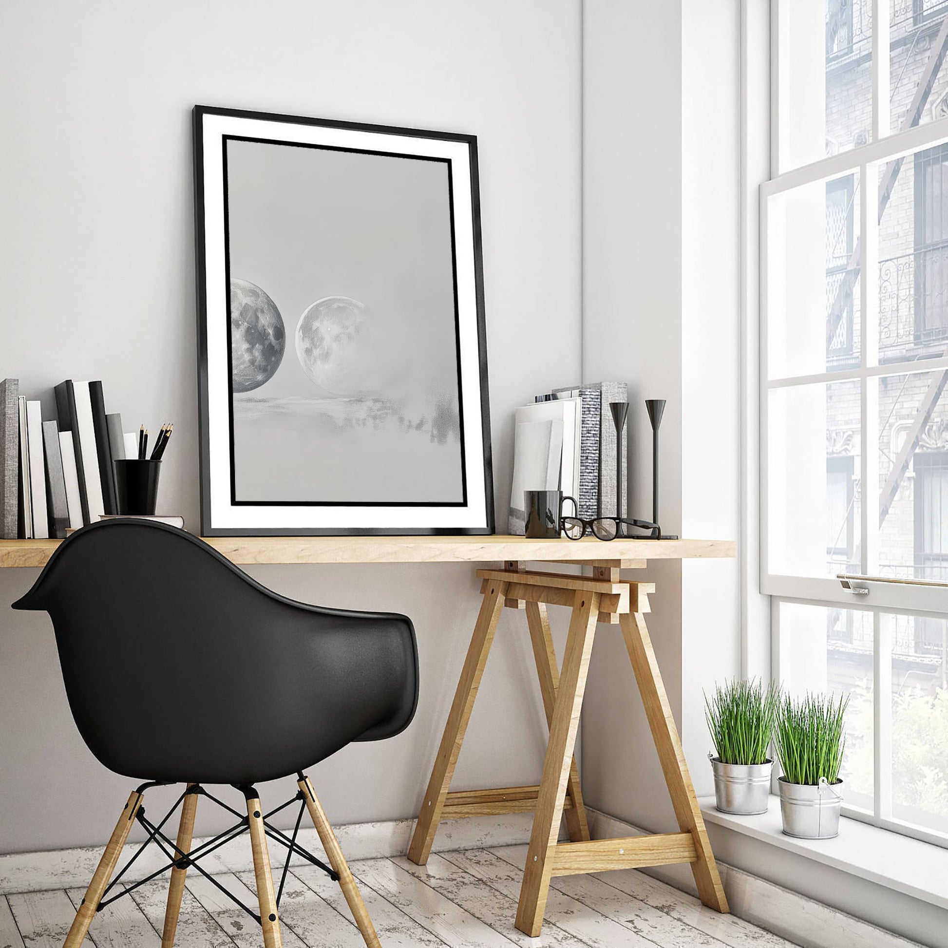 Foggy Moon Art Print - Ethereal Moon Drawing Poster - Soft Grey Lunar Wall Art V3 3/3