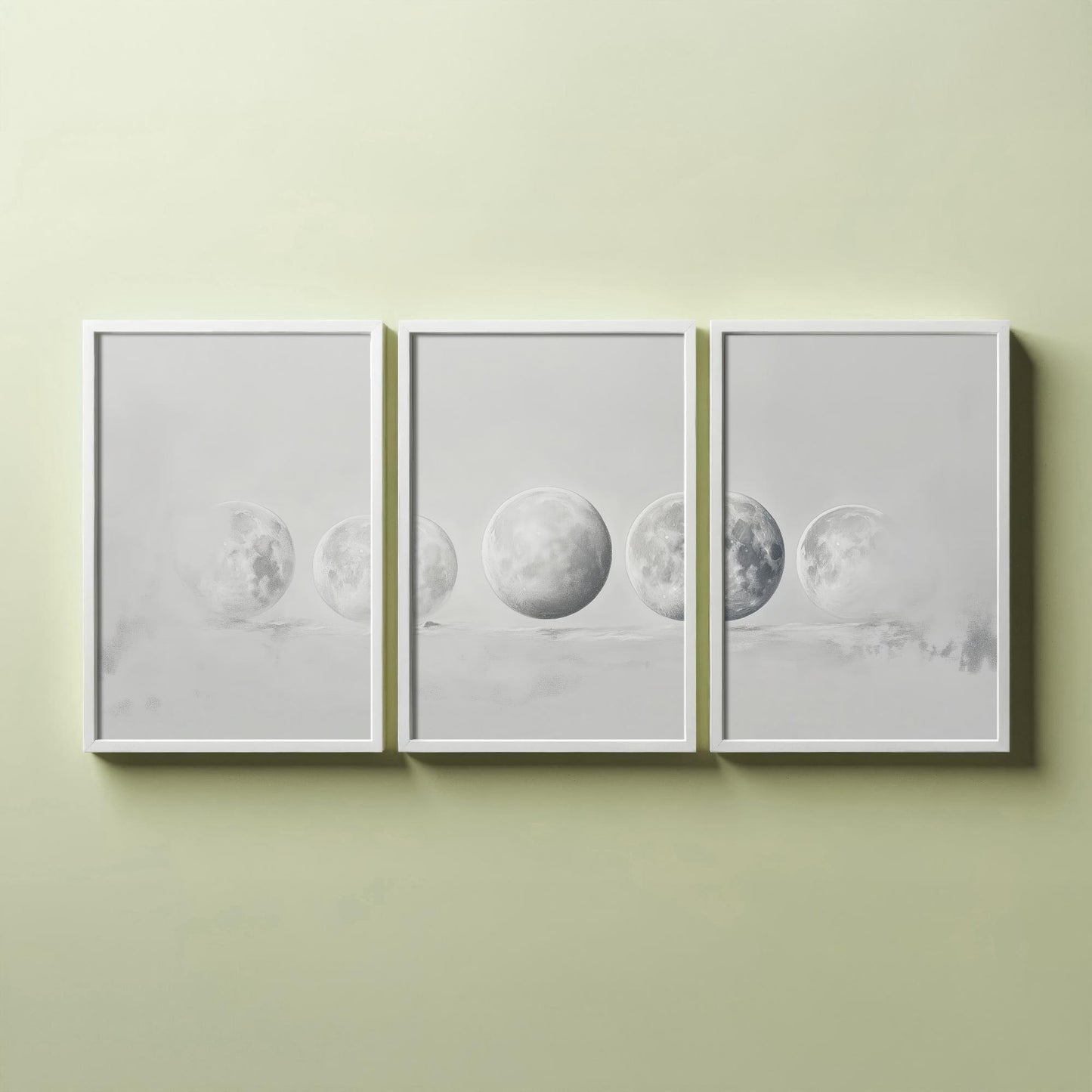 Grey Moon Phases Set of Three Art Prints - 3 Lunar Cycle Posters - Misty Minimalist Photo Wall Art Astronomy Space Gift V3