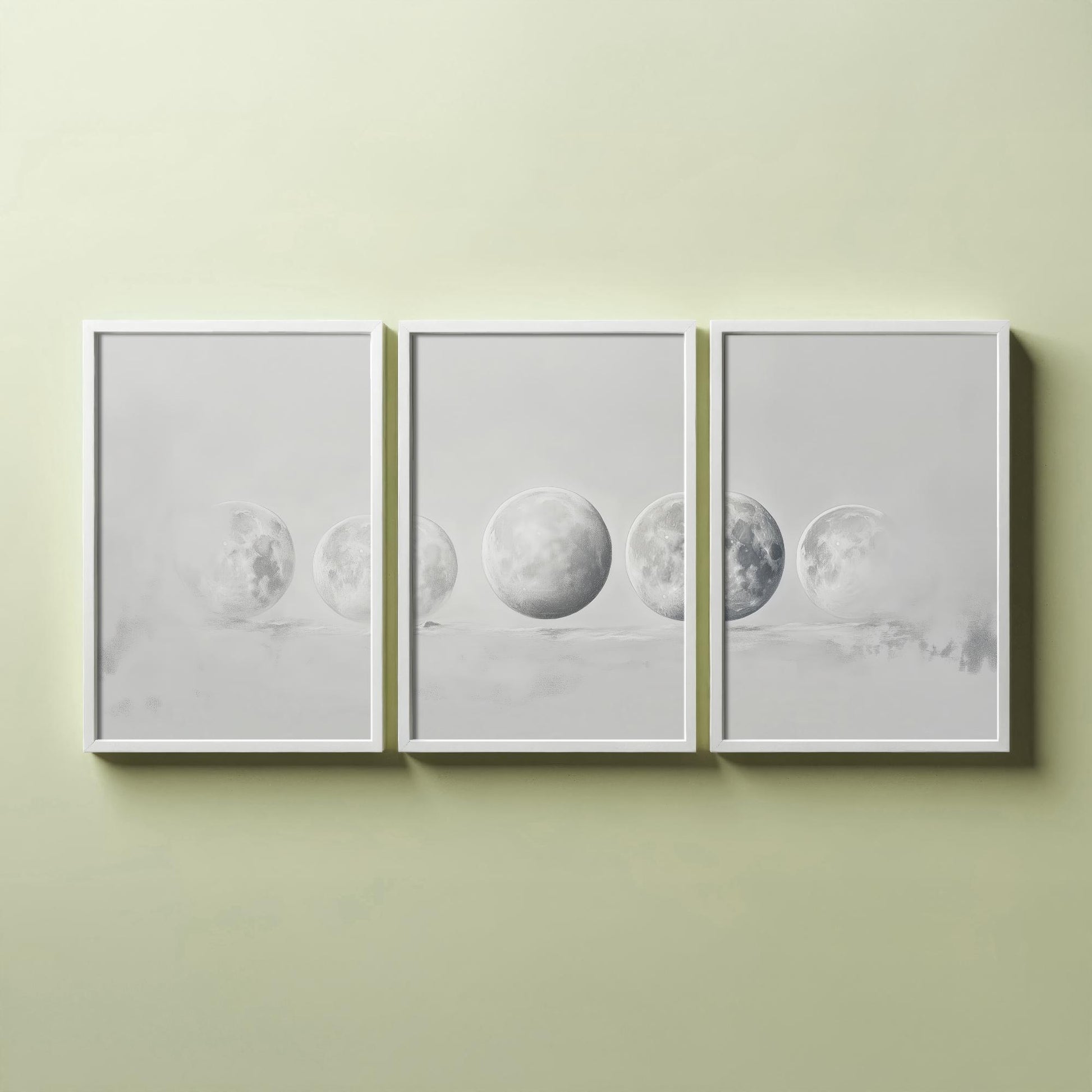 Grey Moon Phases Set of Three Art Prints - 3 Lunar Cycle Posters - Misty Minimalist Photo Wall Art Astronomy Space Gift V3