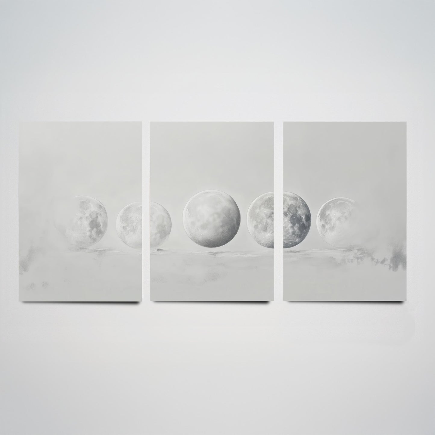 Grey Moon Phases Set of Three Art Prints - 3 Lunar Cycle Posters - Misty Minimalist Photo Wall Art Astronomy Space Gift V3