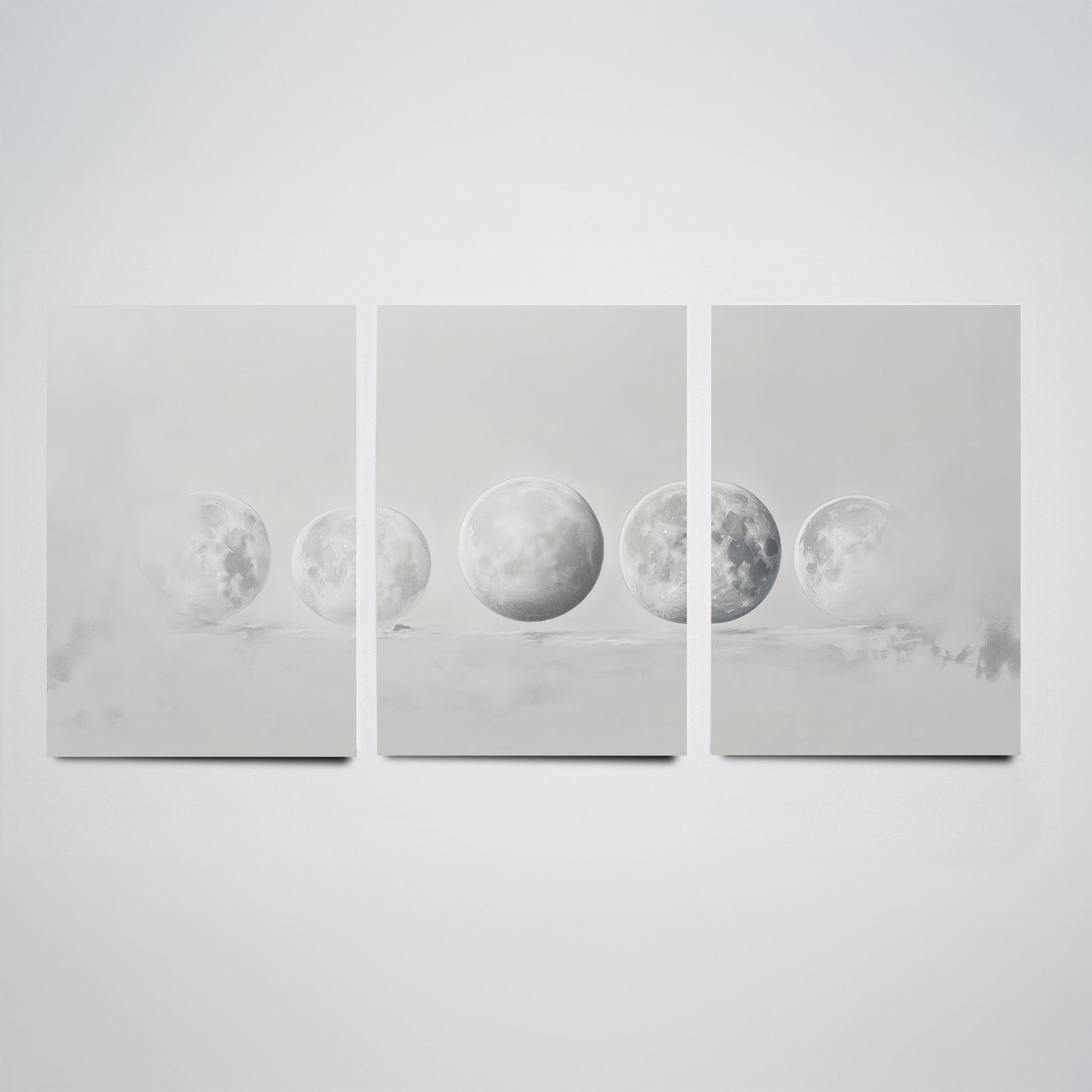 Grey Moon Phases Set of Three Art Prints - 3 Lunar Cycle Posters - Misty Minimalist Photo Wall Art Astronomy Space Gift V3