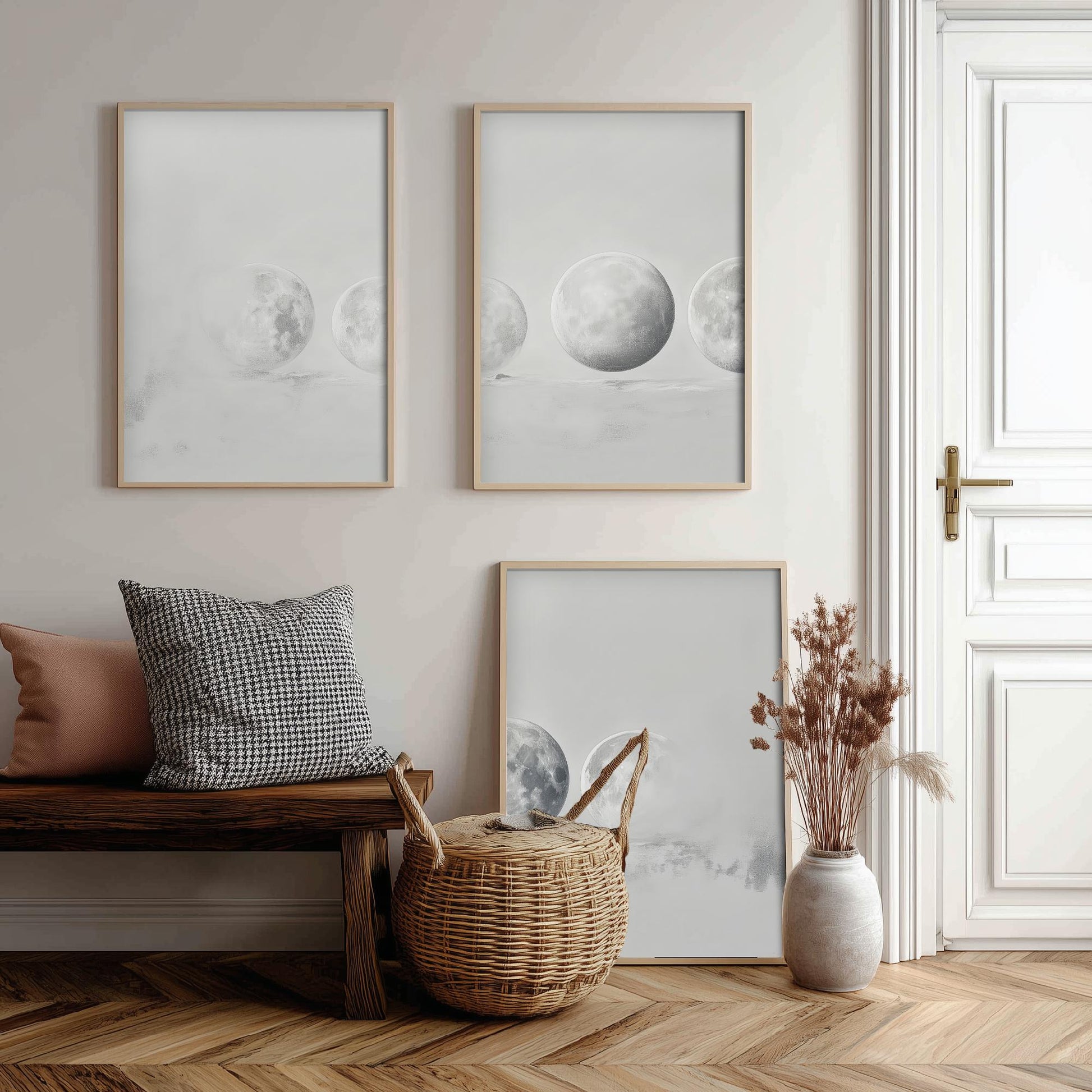 Grey Moon Phases Set of Three Art Prints - 3 Lunar Cycle Posters - Misty Minimalist Photo Wall Art Astronomy Space Gift V3