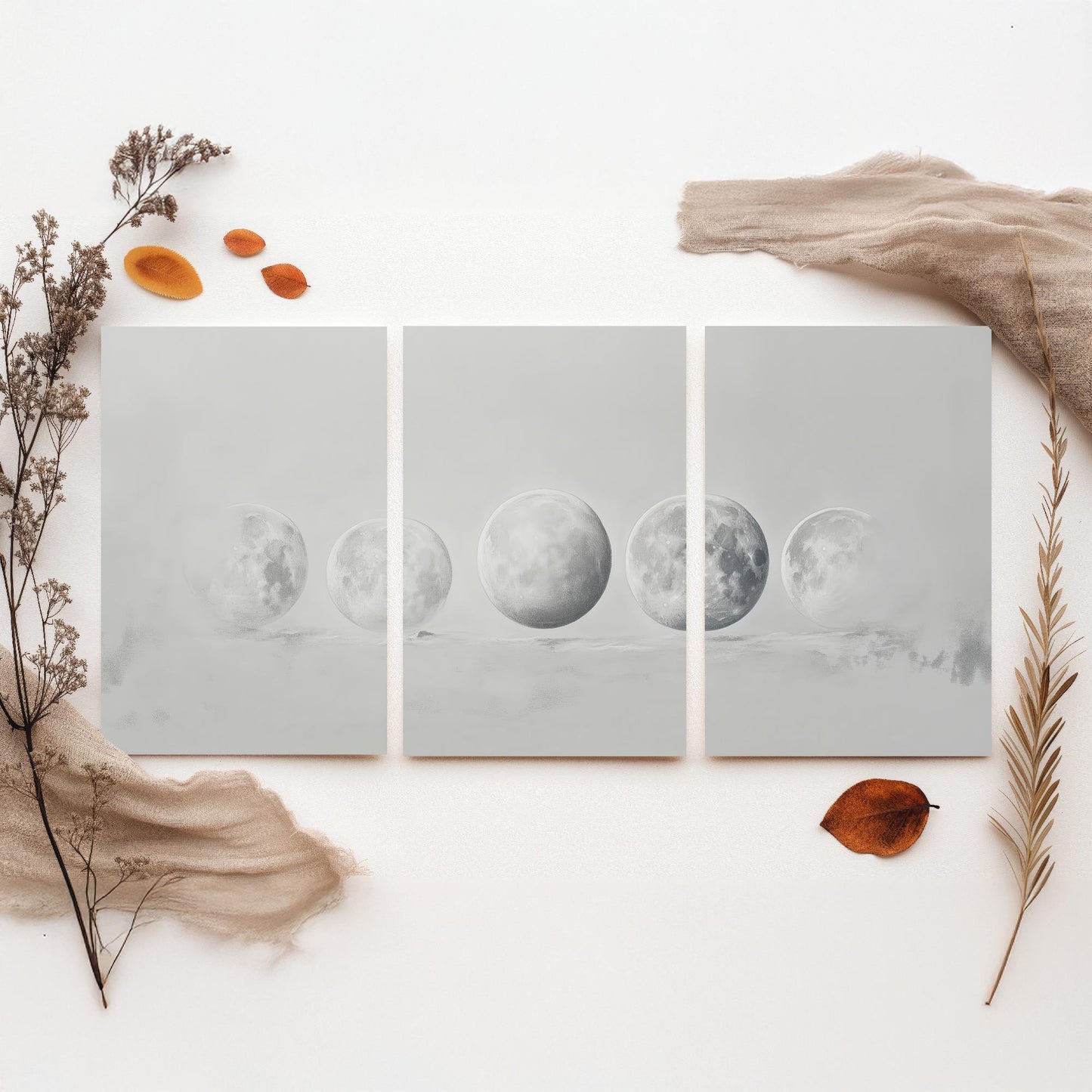 Grey Moon Phases Set of Three Art Prints - 3 Lunar Cycle Posters - Misty Minimalist Photo Wall Art Astronomy Space Gift V3