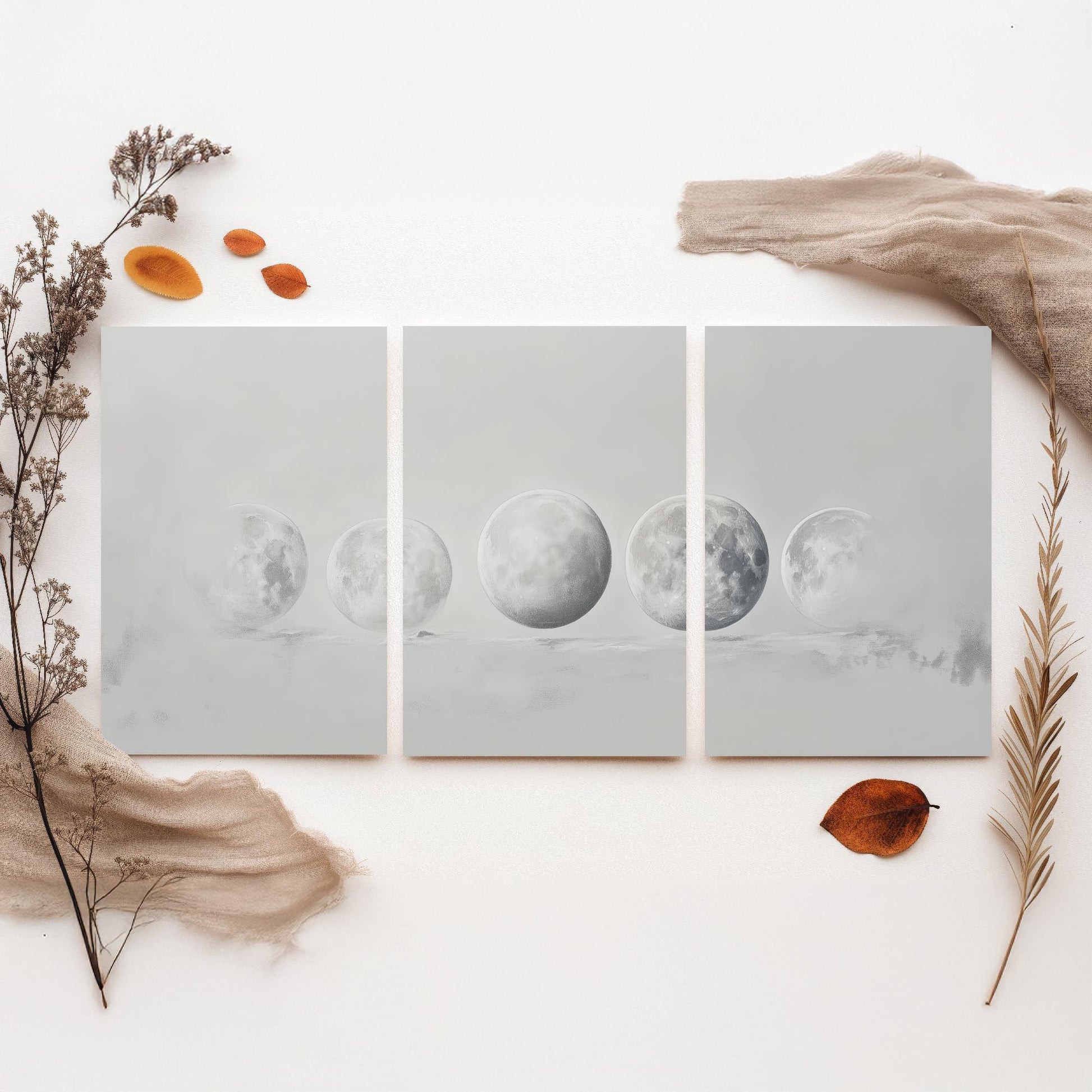 Grey Moon Phases Set of Three Art Prints - 3 Lunar Cycle Posters - Misty Minimalist Photo Wall Art Astronomy Space Gift V3