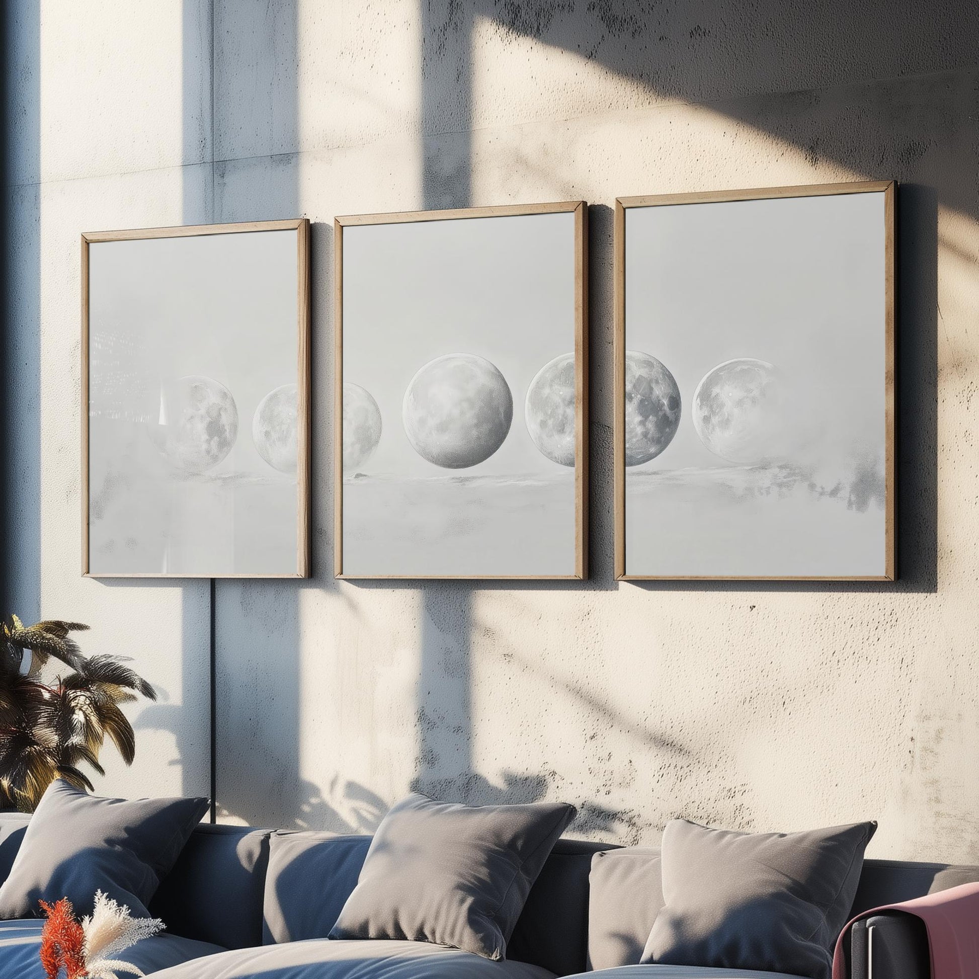 Grey Moon Phases Set of Three Art Prints - 3 Lunar Cycle Posters - Misty Minimalist Photo Wall Art Astronomy Space Gift V3