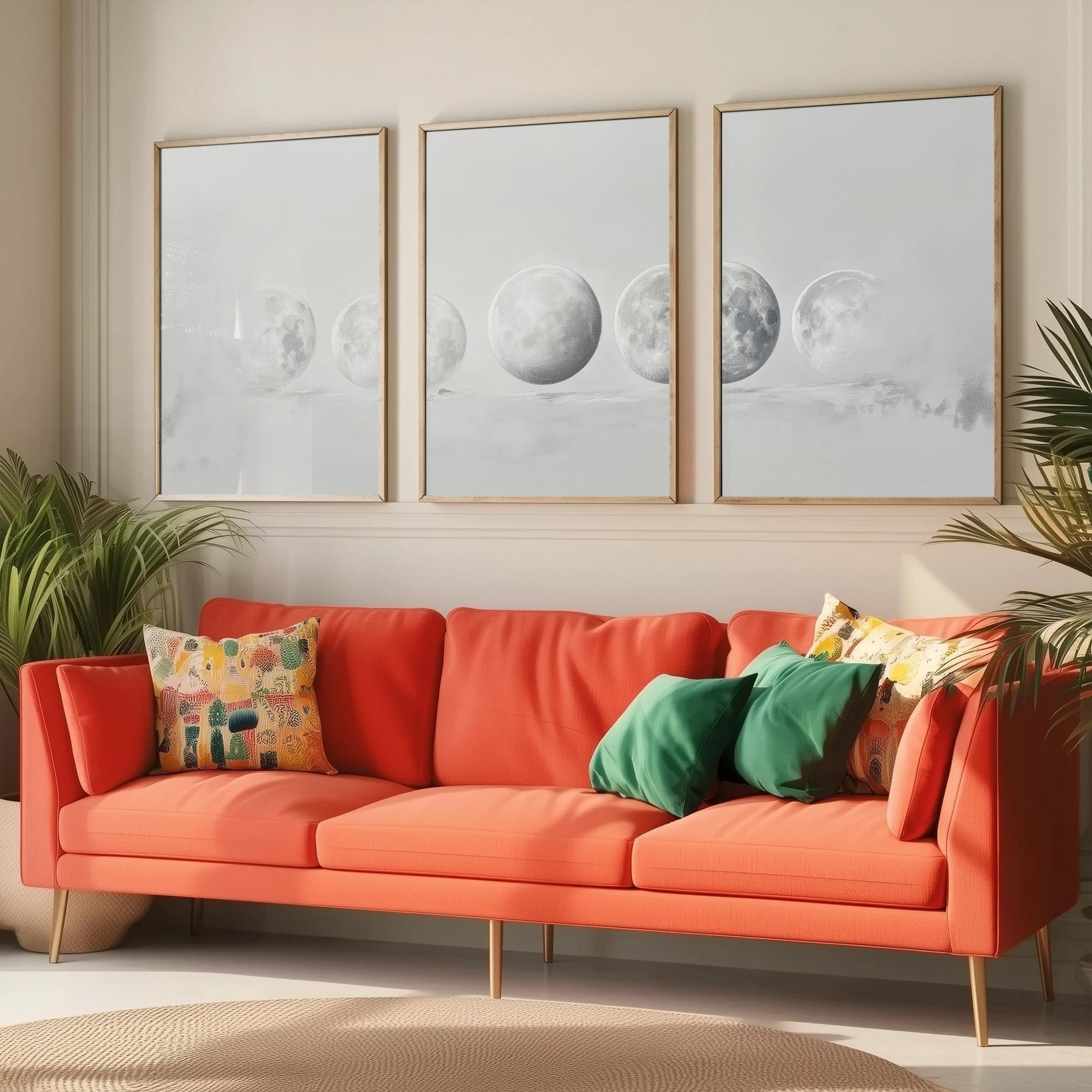 Grey Moon Phases Set of Three Art Prints - 3 Lunar Cycle Posters - Misty Minimalist Photo Wall Art Astronomy Space Gift V3