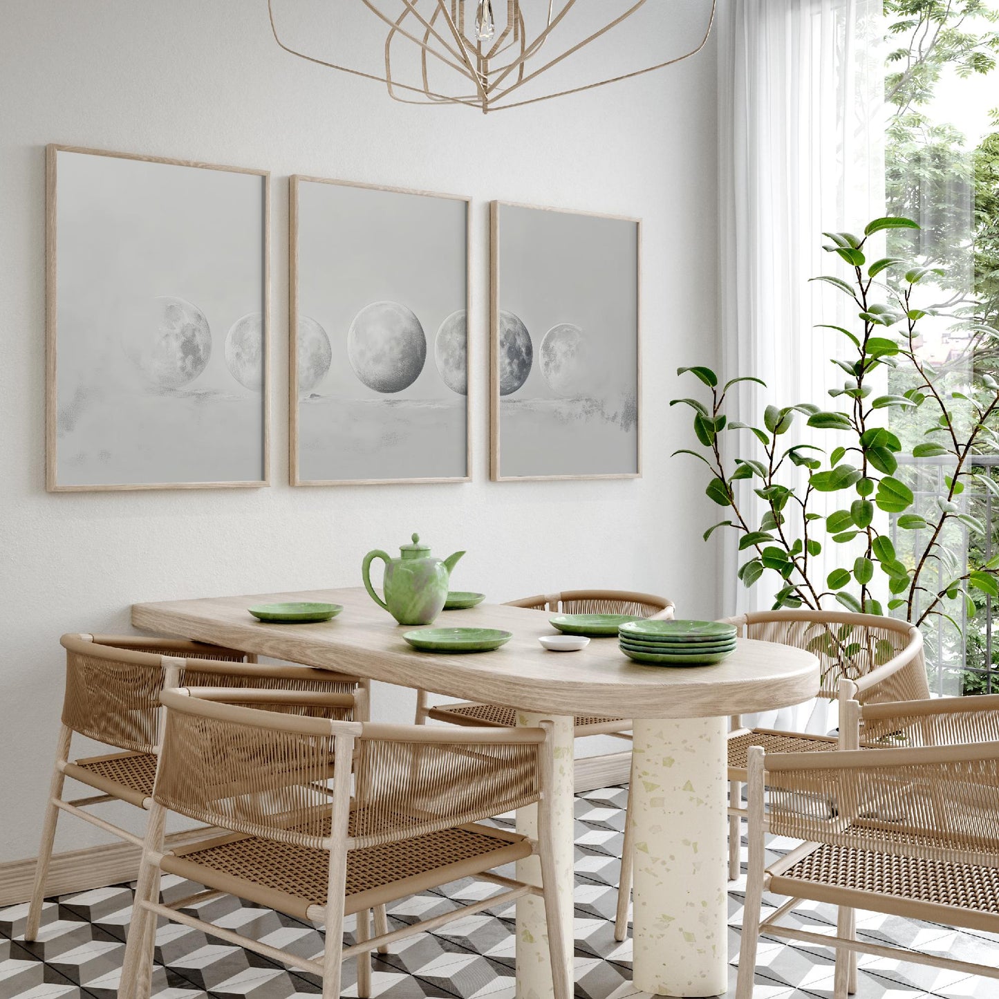 Grey Moon Phases Set of Three Art Prints - 3 Lunar Cycle Posters - Misty Minimalist Photo Wall Art Astronomy Space Gift V3