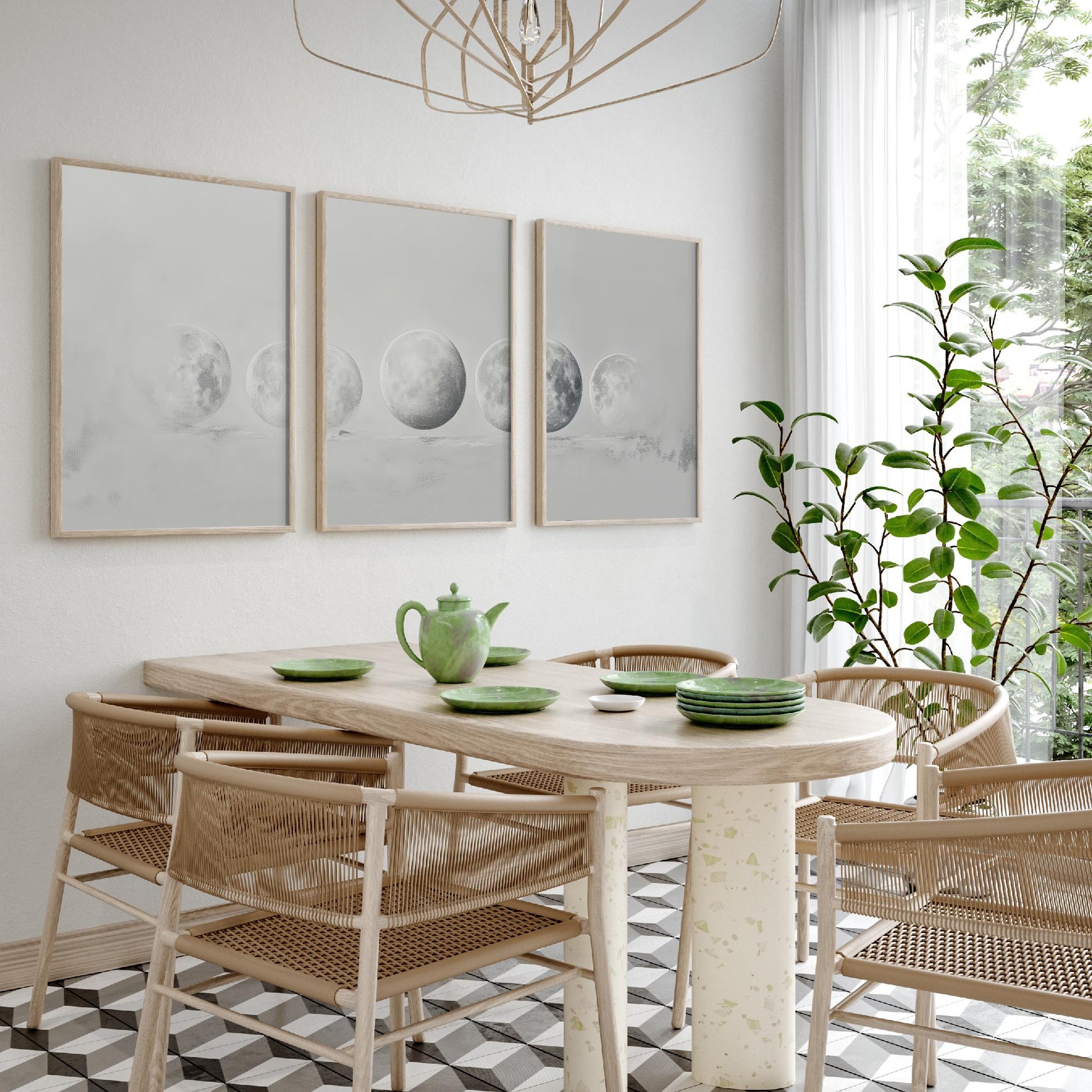 Grey Moon Phases Set of Three Art Prints - 3 Lunar Cycle Posters - Misty Minimalist Photo Wall Art Astronomy Space Gift V3
