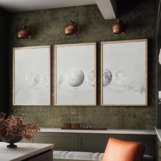 Grey Moon Phases Set of Three Art Prints - 3 Lunar Cycle Posters - Misty Minimalist Photo Wall Art Astronomy Space Gift V3