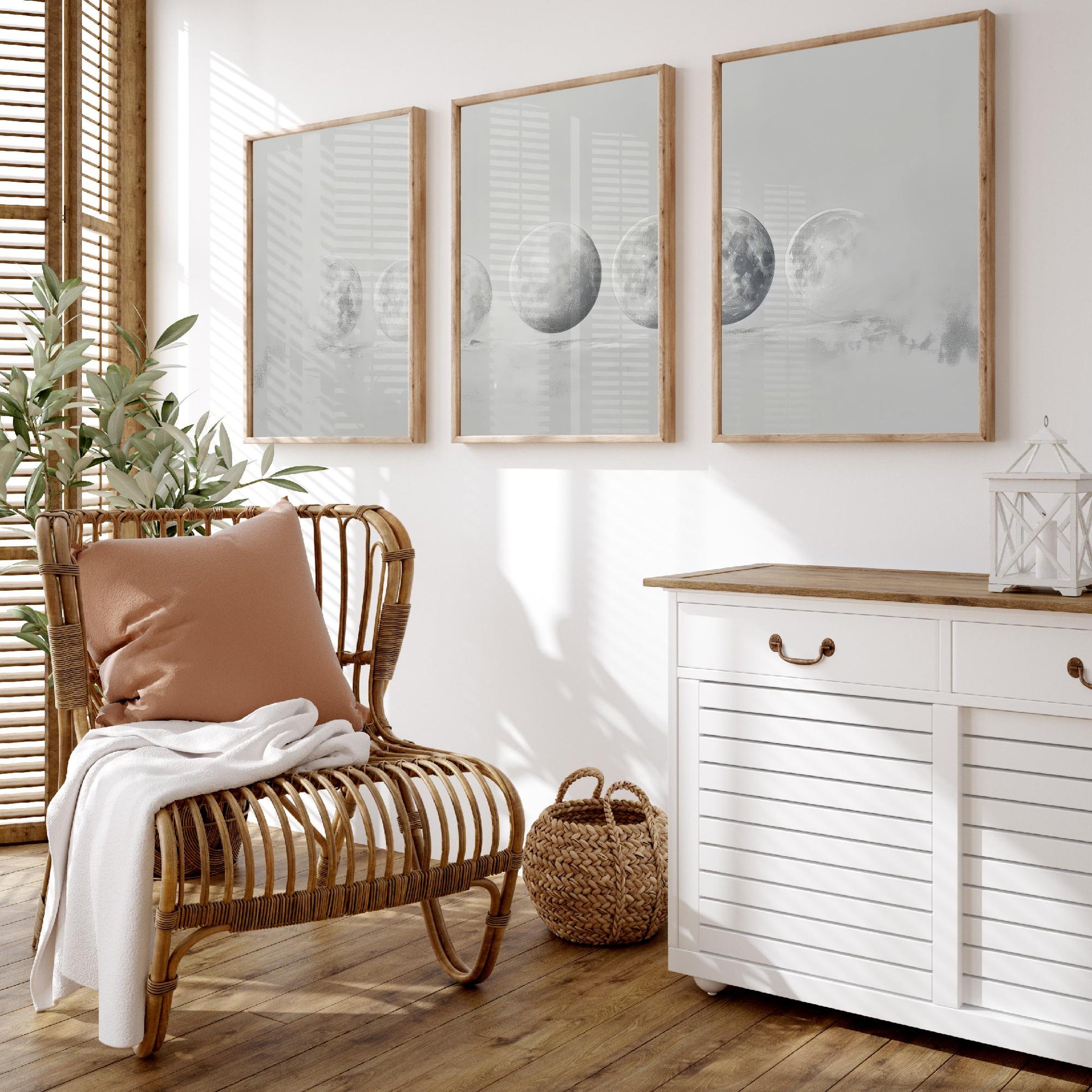 Grey Moon Phases Set of Three Art Prints - 3 Lunar Cycle Posters - Misty Minimalist Photo Wall Art Astronomy Space Gift V3