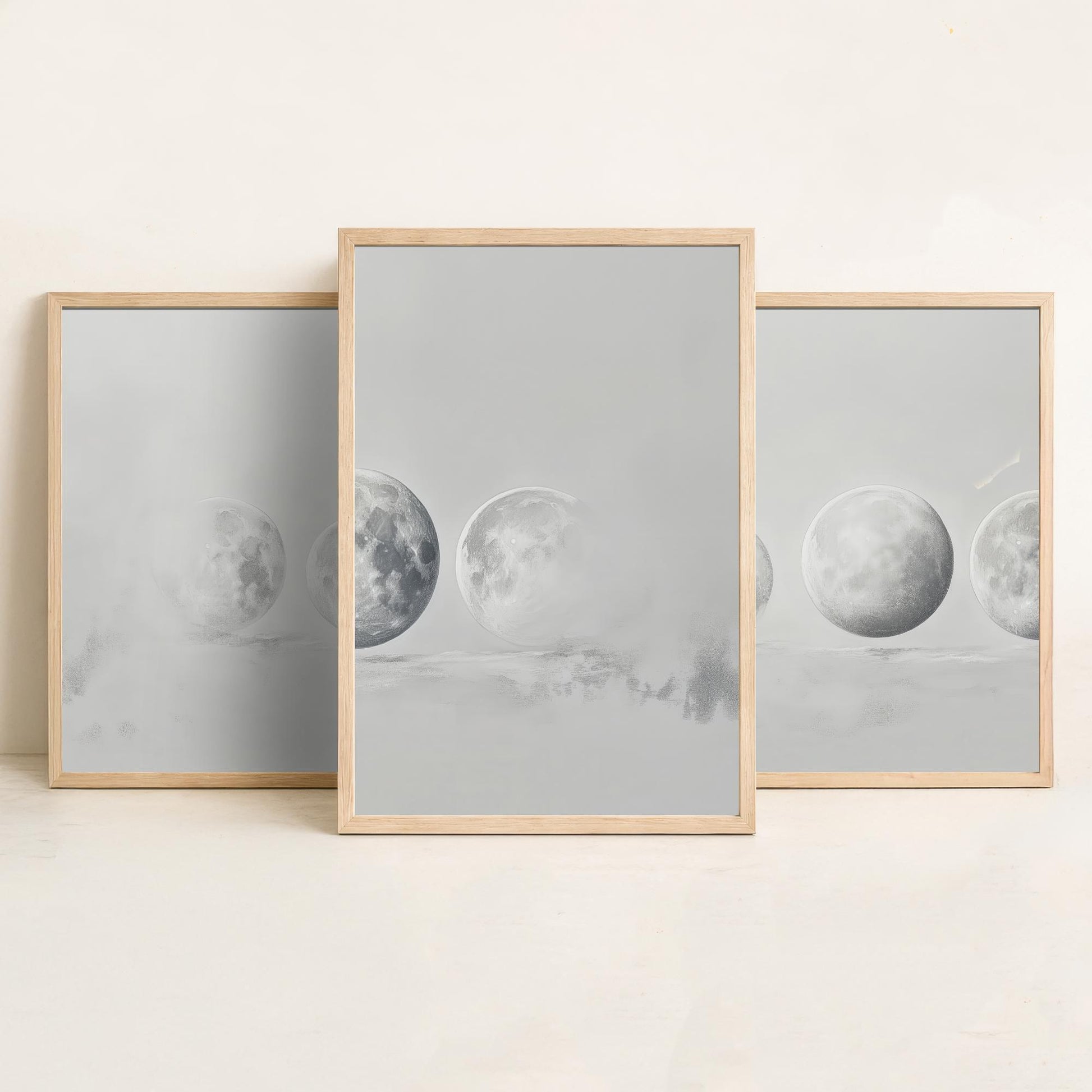 Grey Moon Phases Set of Three Art Prints - 3 Lunar Cycle Posters - Misty Minimalist Photo Wall Art Astronomy Space Gift V3